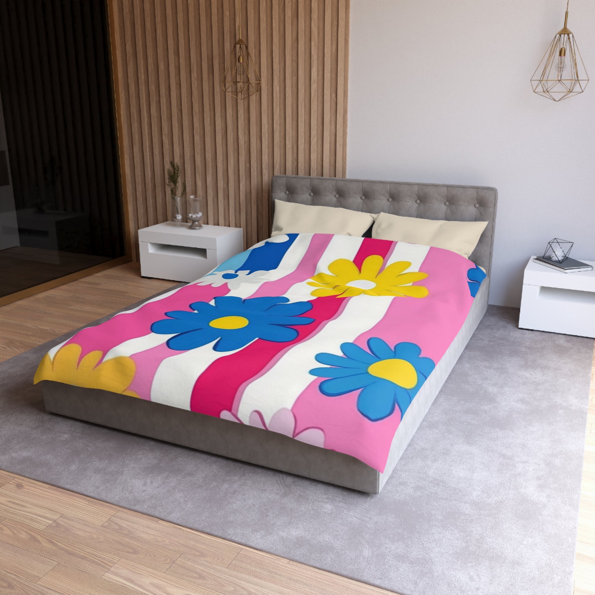 Flowers x Stripes Multi-Color Microfiber Duvet Cover, Artsulli - Art is Long, Life is Short, Home Decor, , , , , , , 