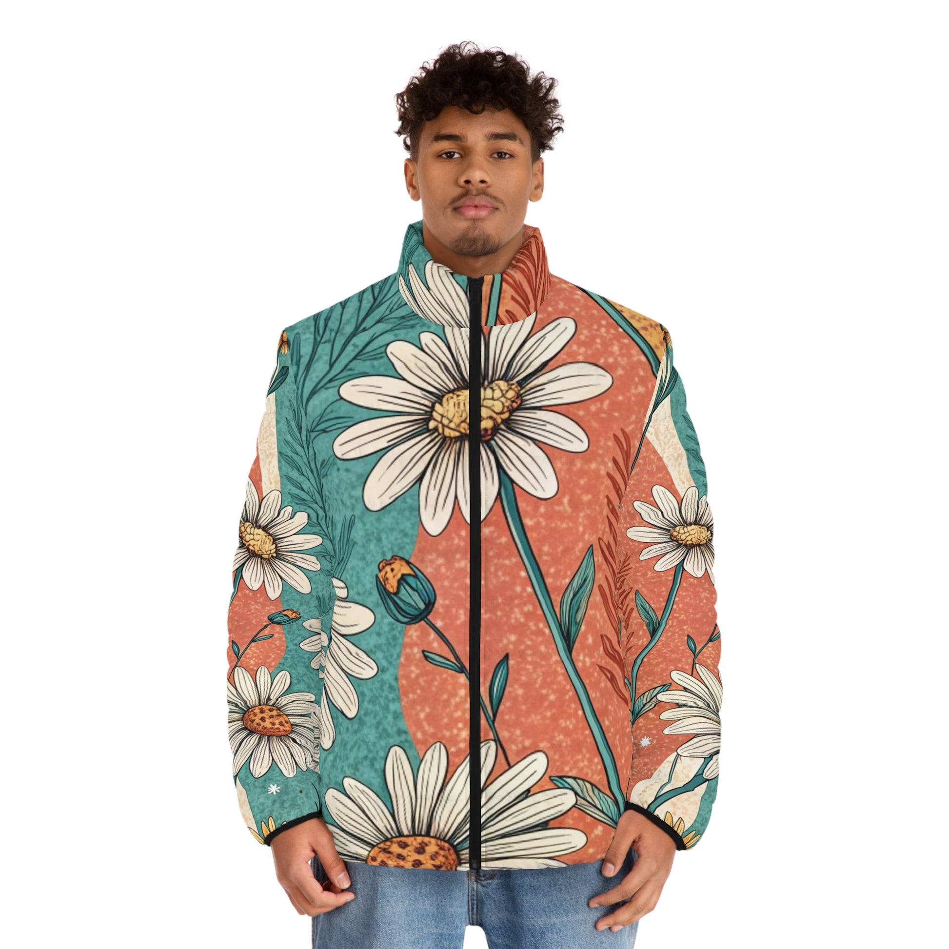 Retro Daisy Dream Men's Puffer Jacket (AOP), Artsulli - Art is Long, Life is Short, All Over Prints, , , , , , , 