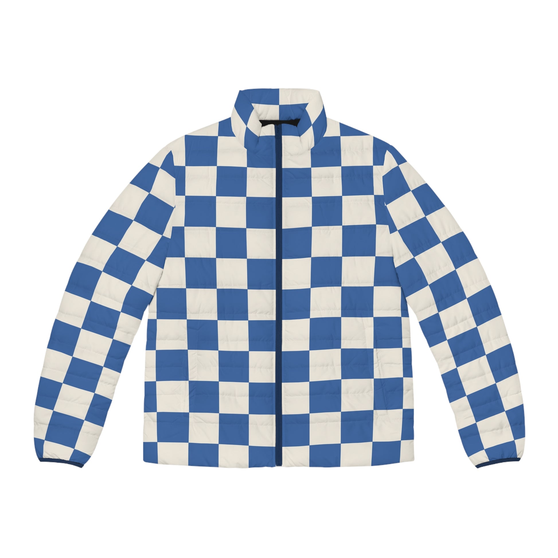 Checkerboard Blue Men's Puffer Jacket (AOP), Artsulli - Art is Long, Life is Short, All Over Prints, Size, S, Color, Dark blue zipper, , , 44166292947402837446