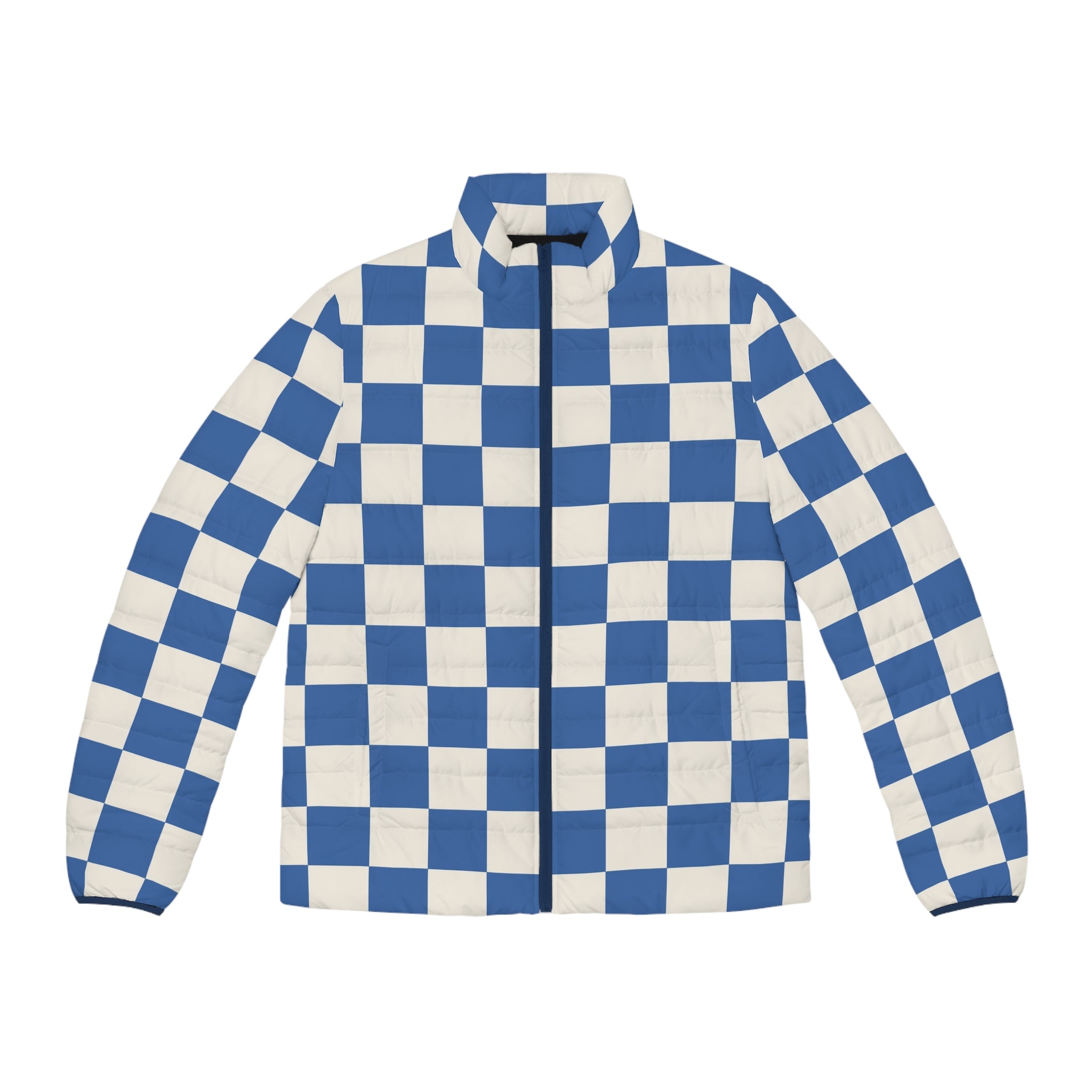 Checkerboard Blue Men's Puffer Jacket (AOP), Artsulli - Art is Long, Life is Short, All Over Prints, Size, S, Color, Dark blue zipper, , , 44166292947402837446