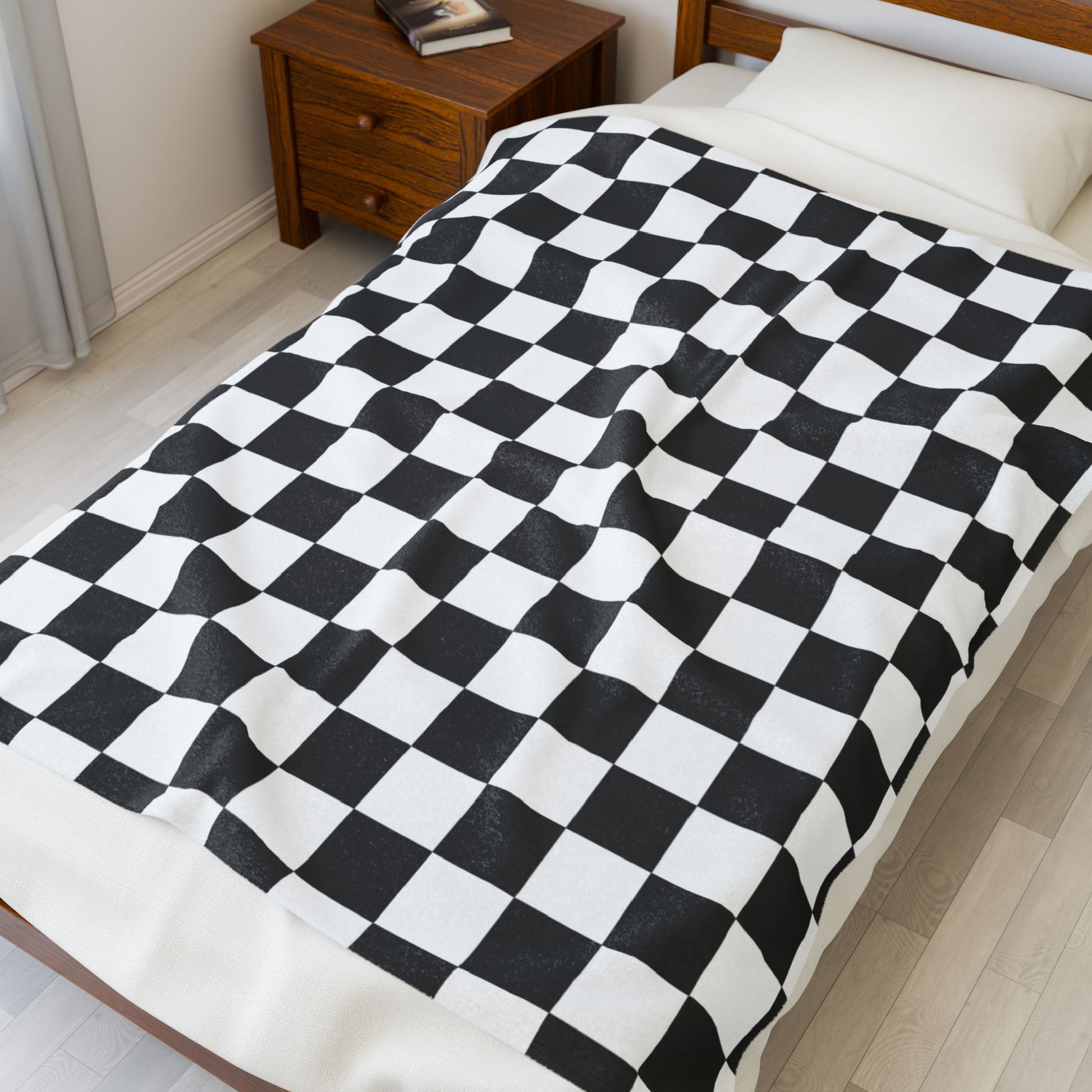 Checkerboard White and Black Velveteen Plush Blanket, Artsulli - Art is Long, Life is Short, All Over Prints, , , , , , , 