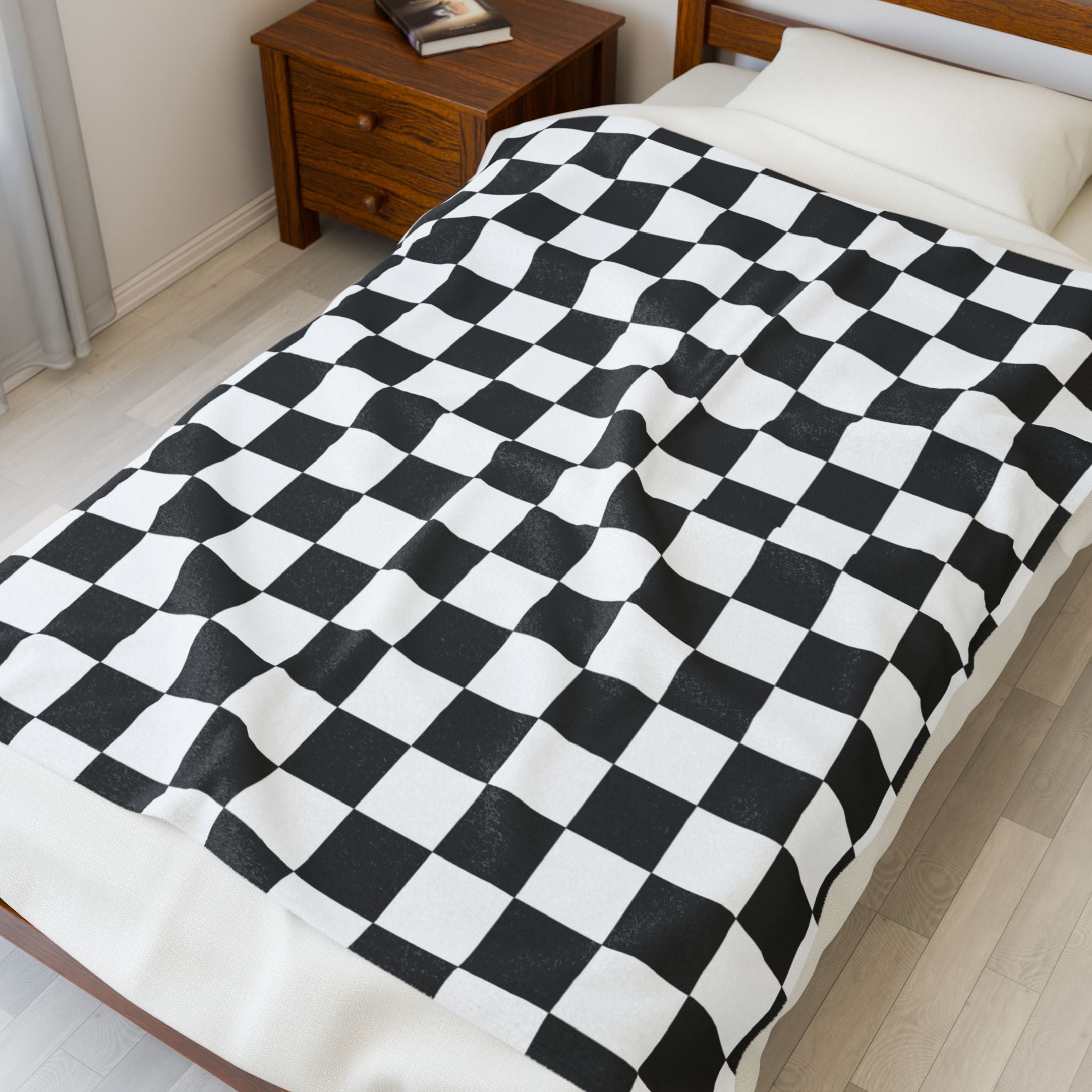 Checkerboard White and Black Velveteen Plush Blanket, Artsulli - Art is Long, Life is Short, All Over Prints, , , , , , , 