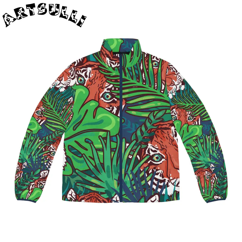 JAKKOUTTHEBXX Tropical Jungle Tigers Blue and Green Men’s Puffer