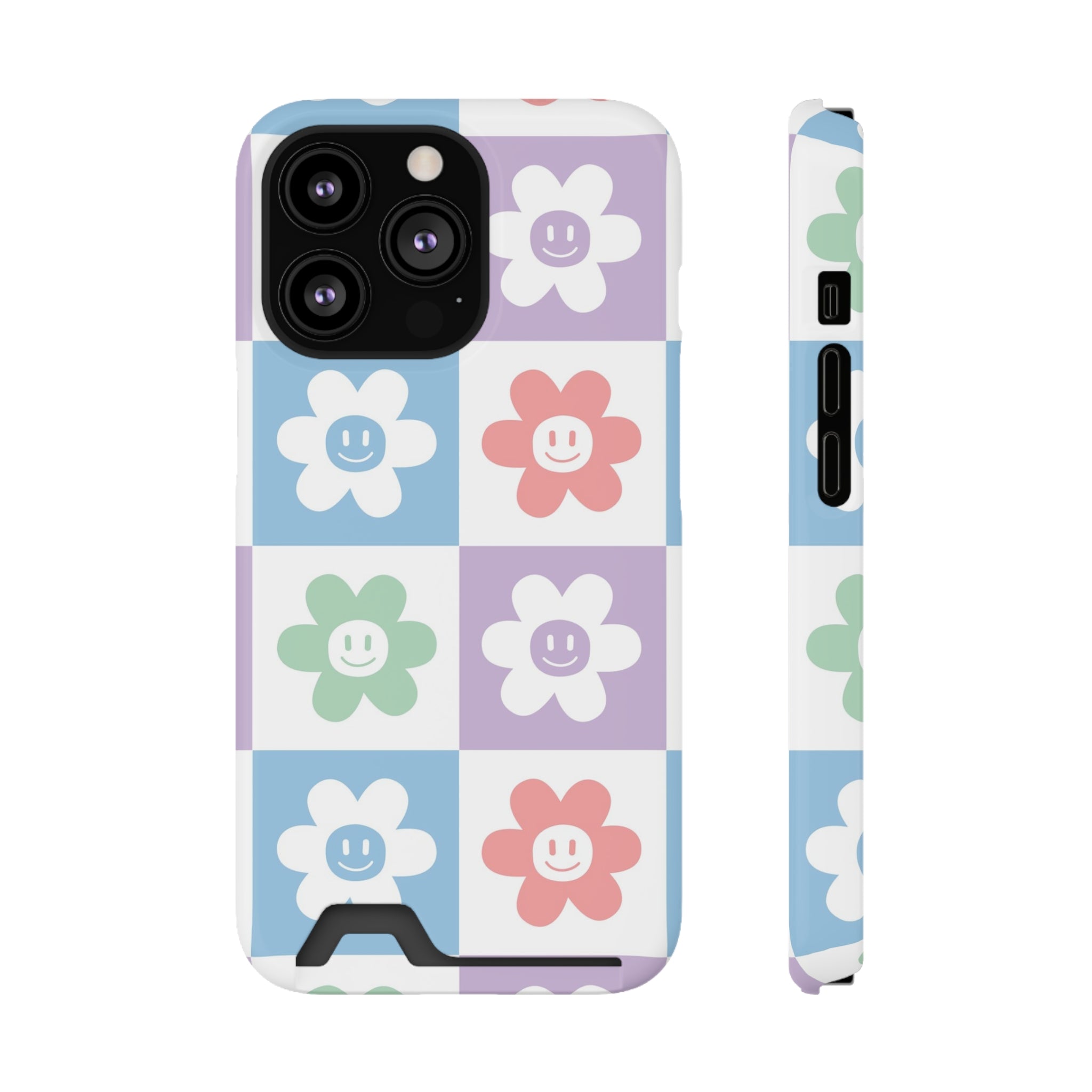Chessboard x Smiley Face Flowers Multi-Color Phone Case With Card Holder, Artsulli - Art is Long, Life is Short, Phone Case, Size, iPhone 13 Pro, Surface, Glossy, Shape, Without gift packaging, 24578799844841467008