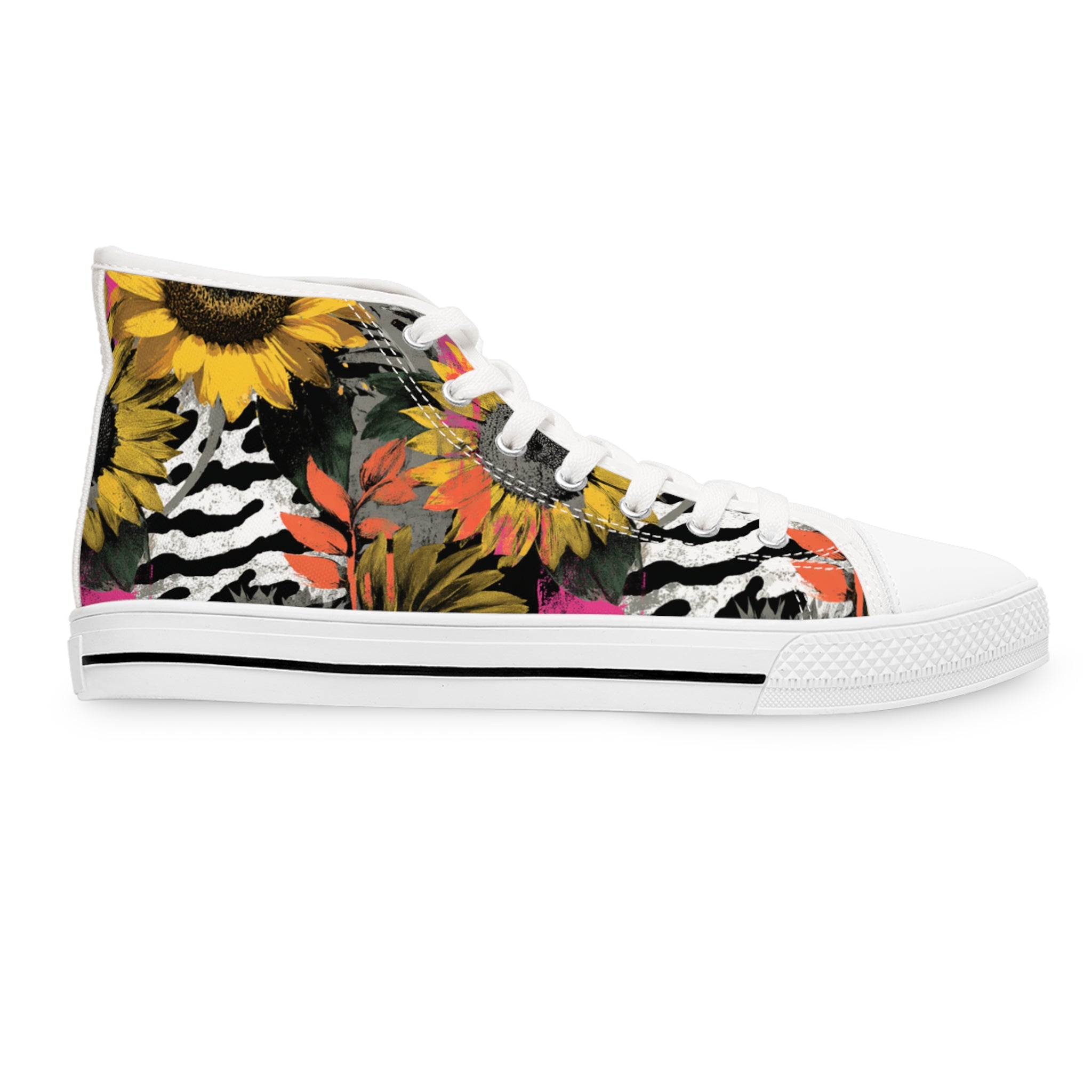Zebra Stripes x Sunflowers Multi-Color Women's High Top Sneakers, Artsulli - Art is Long, Life is Short, Shoes, , , , , , , 