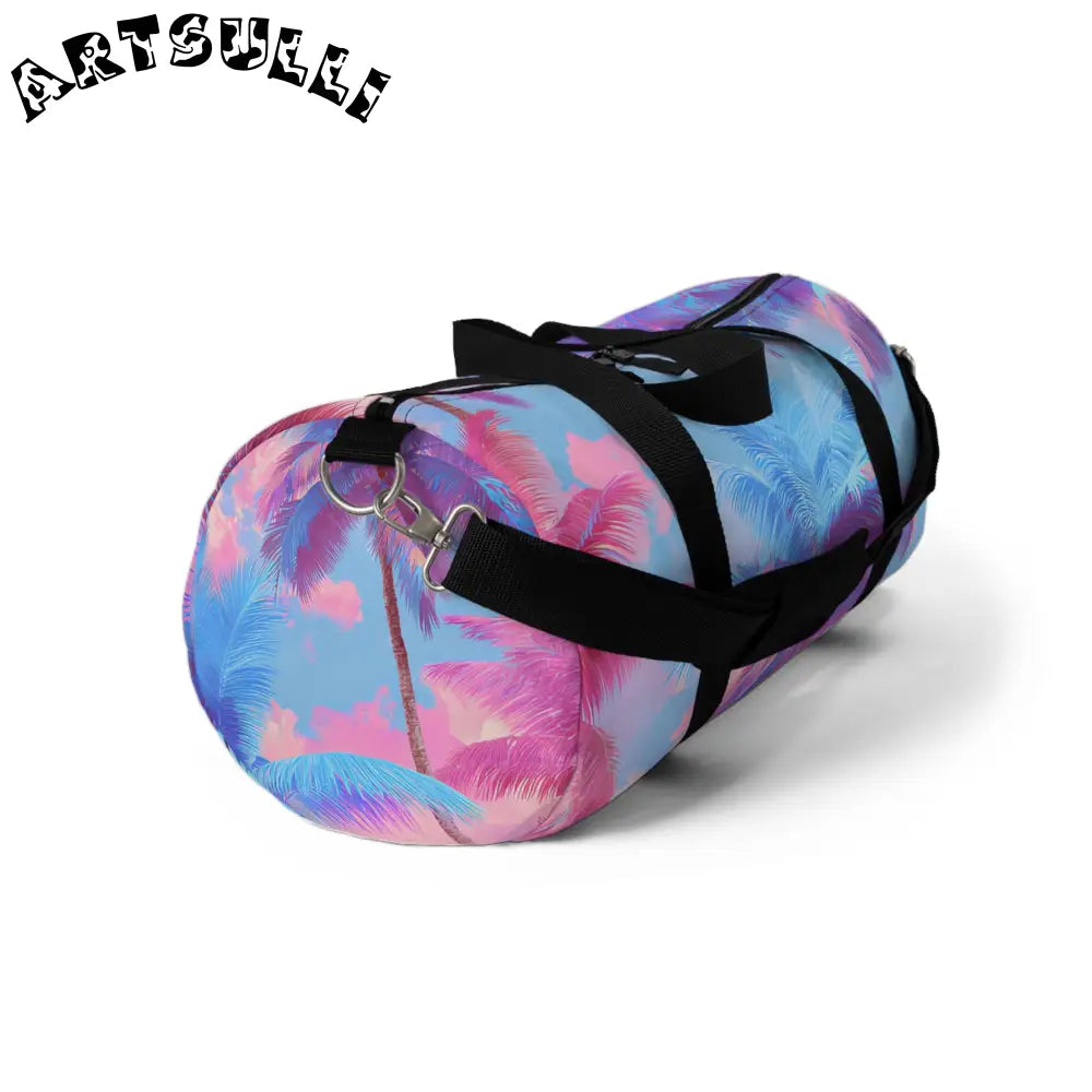 JAKKOUTTHEBXX Ethereal Pastel Palms II Blue and Pink Duffel Bag