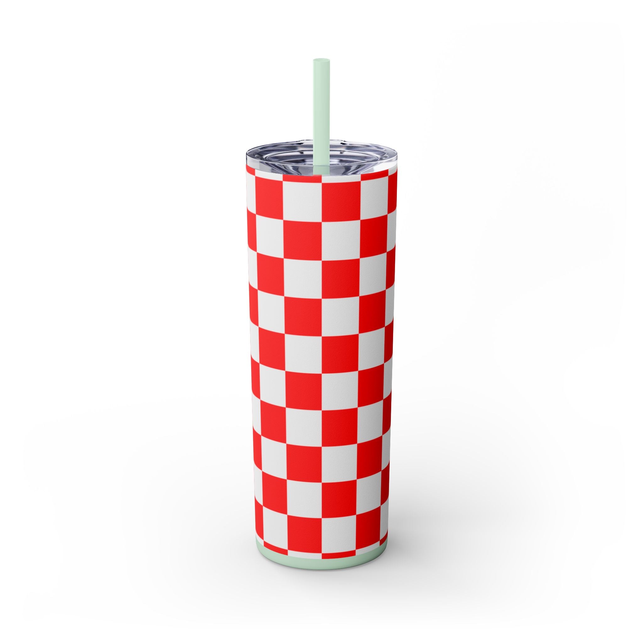 Checkerboard Red and White Skinny Tumbler with Straw, 20oz, Artsulli - Art is Long, Life is Short, Mug, , , , , , , 