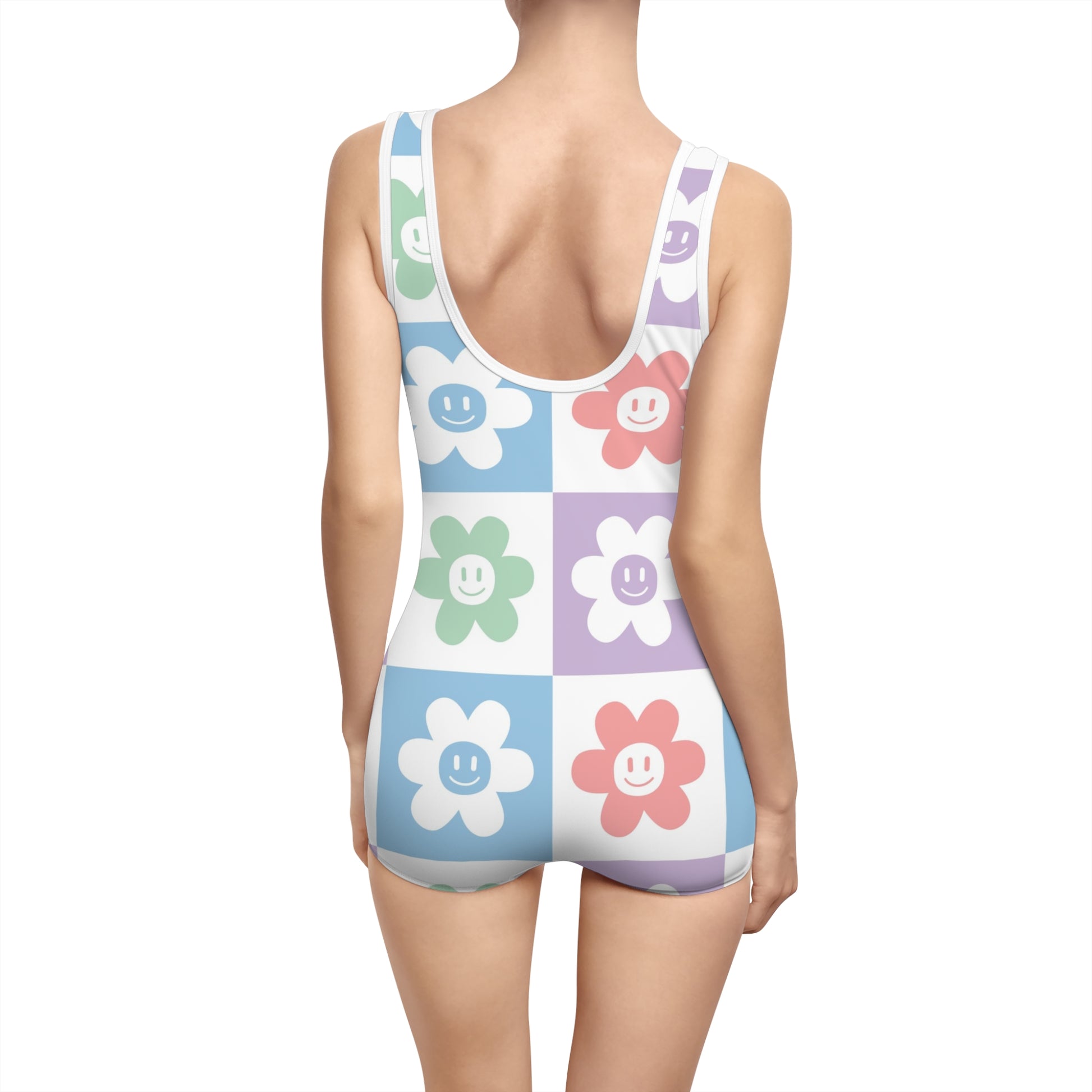 Chessboard x Smiley Face Flowers Multi-Color Women's Vintage Swimsuit (AOP), Artsulli - Art is Long, Life is Short, All Over Prints, , , , , , , 