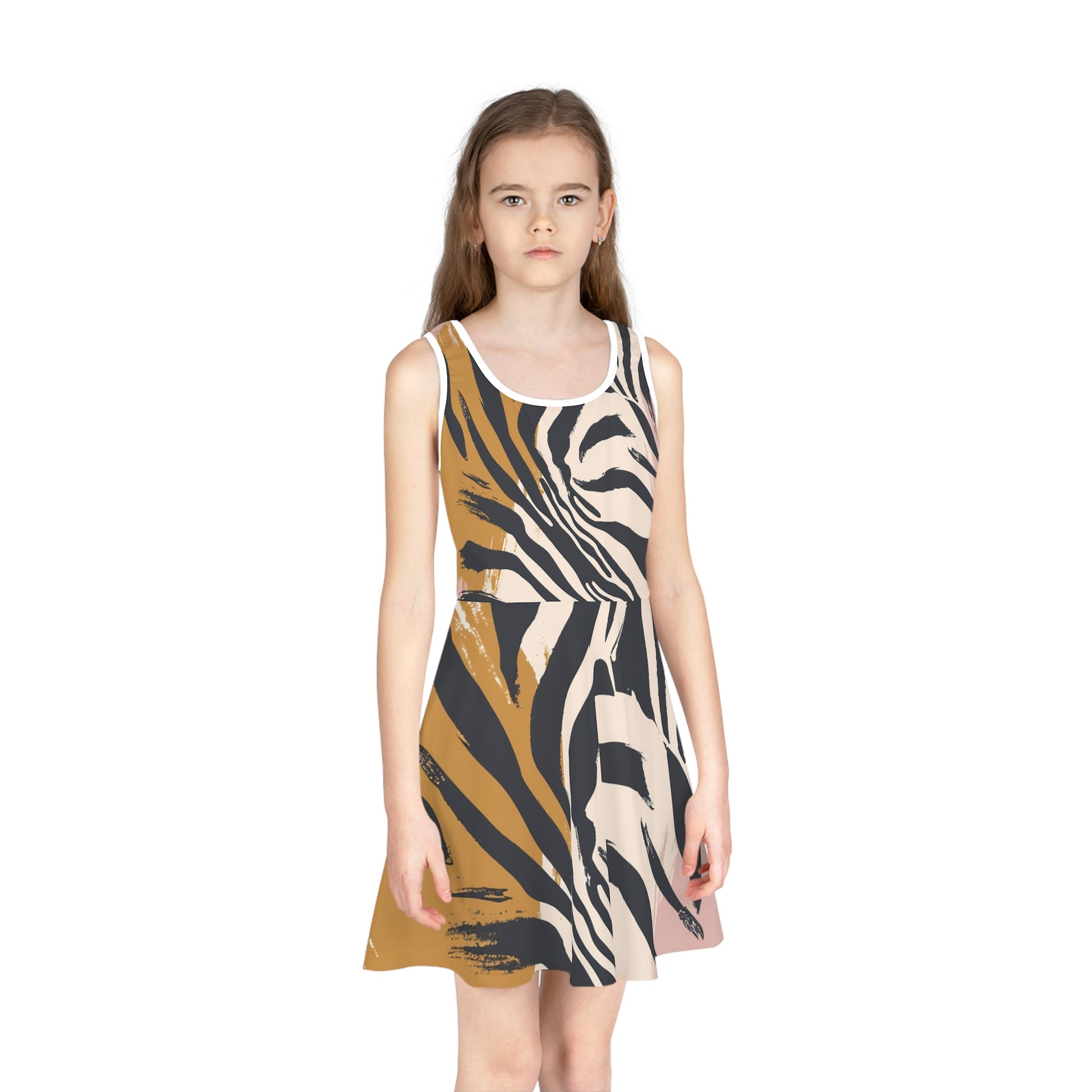 Beige Zebra Jungle Flats Girls' Sleeveless Sundress (AOP), Artsulli - Art is Long, Life is Short, All Over Prints, , , , , , , 