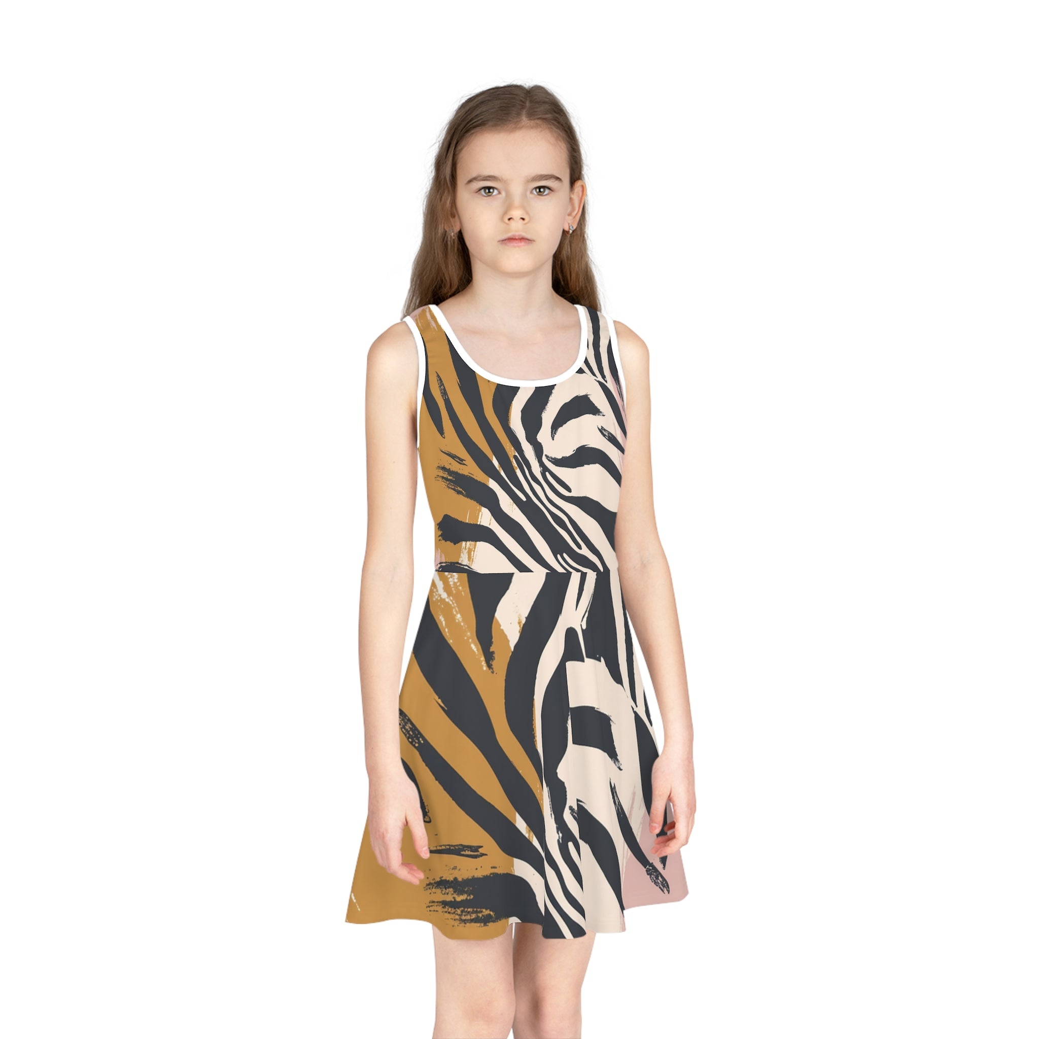 Beige Zebra Jungle Flats Girls' Sleeveless Sundress (AOP), Artsulli - Art is Long, Life is Short, All Over Prints, , , , , , , 