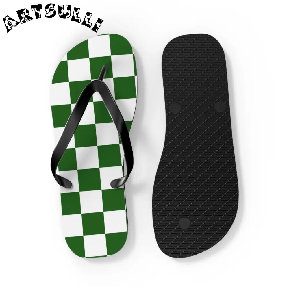 JAKKOUTTHEBXX Checkerboard White and Dark Green Flip Flops