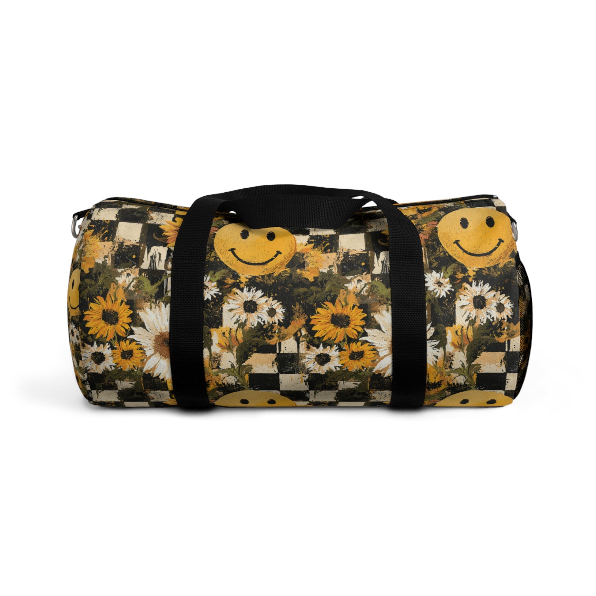 Smiley Face x Checkerboard x Sunflowers x Trippy x Vintage Black and Yellow Duffel Bag, Artsulli - Art is Long, Life is Short, Bags, Size, Small, , , , , 12537846765675284181