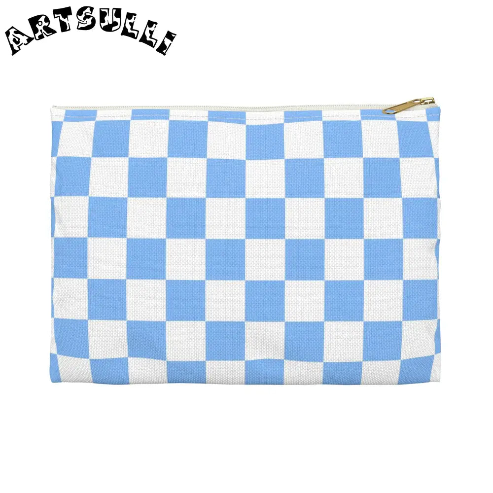 JAKKOUTTHEBXX Checkerboard White and Light Blue Accessory Pouch
