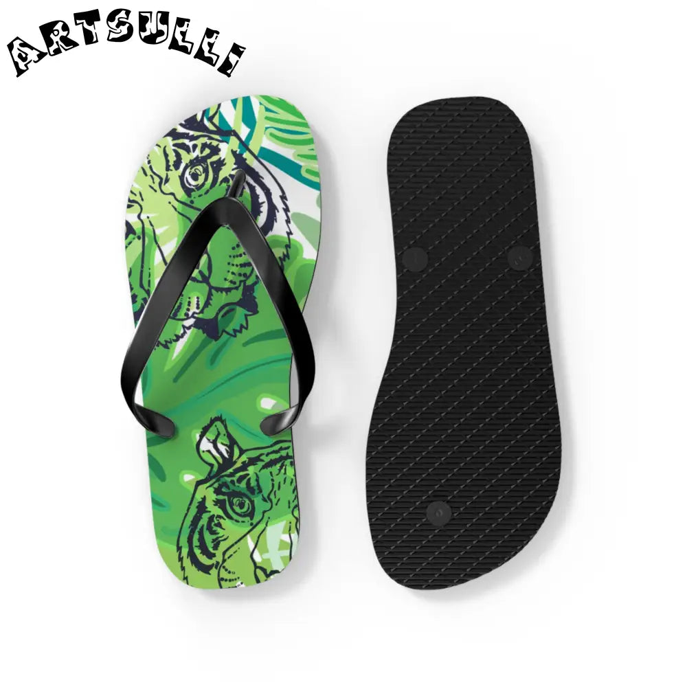 JAKKOUTTHEBXX Tropical Jungle Tigers Green Flip Flops JAKKOUTTHEBXX
