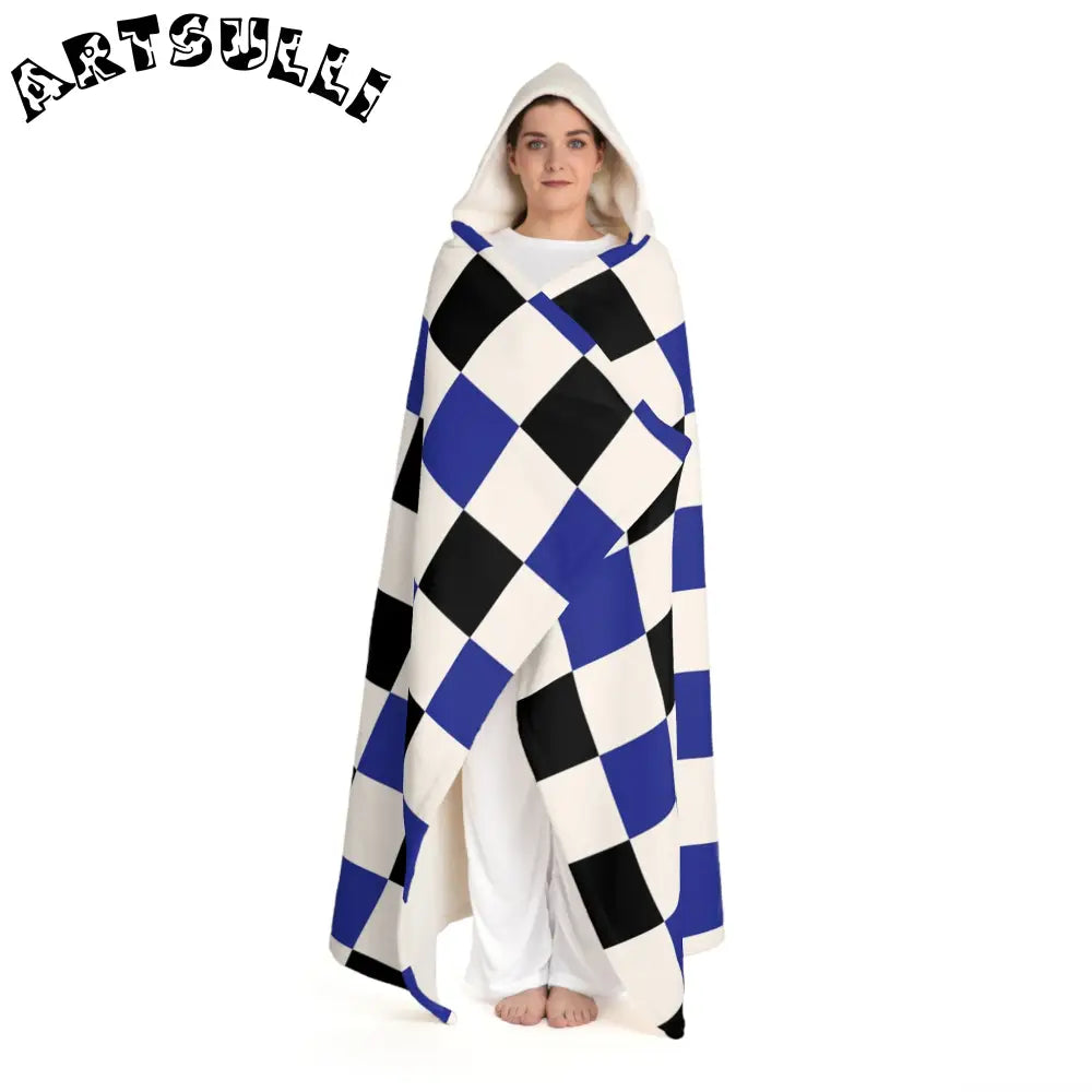 JAKKOUTTHEBXX Checkerboard Blue White and Black Hooded Sherpa Fleece