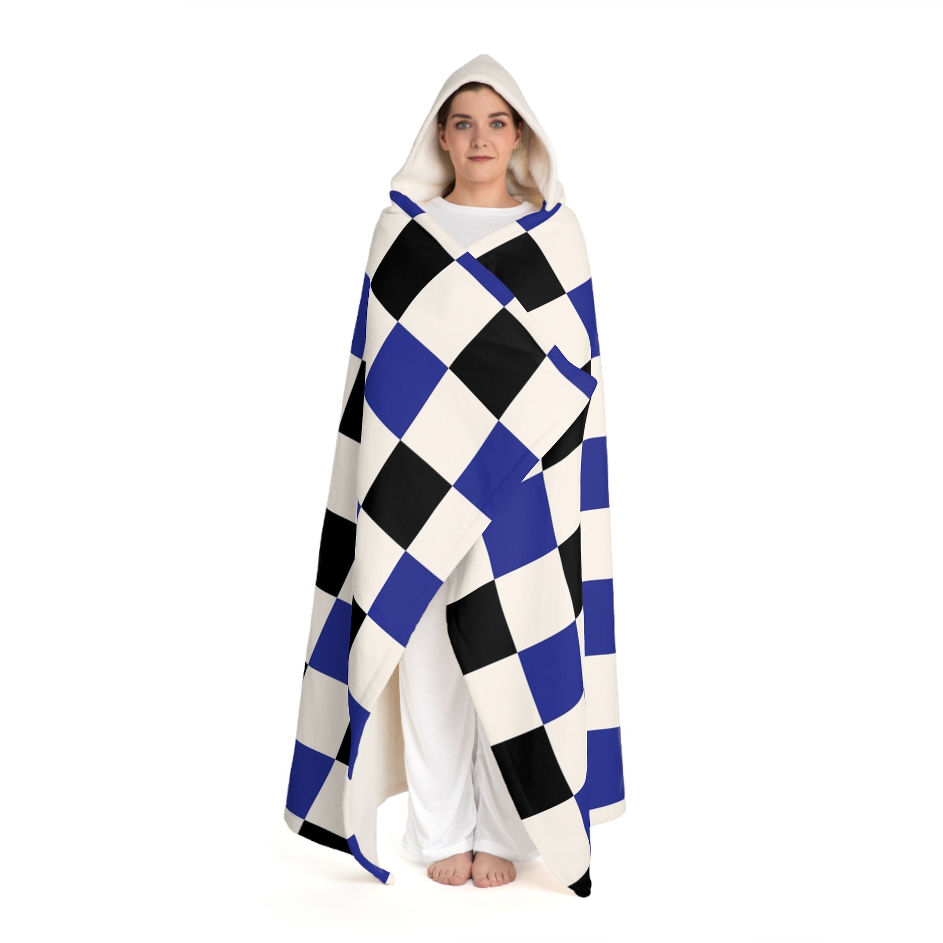 Checkerboard Blue White and Black Hooded Sherpa Fleece Blanket, Artsulli - Art is Long, Life is Short, All Over Prints, , , , , , , 