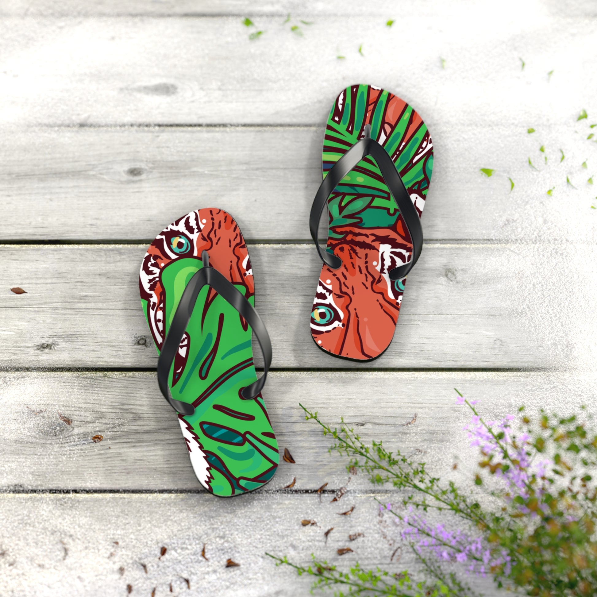 Tropical Jungle Tigers Blue and Green Flip Flops, Artsulli - Art is Long, Life is Short, Shoes, , , , , , , 