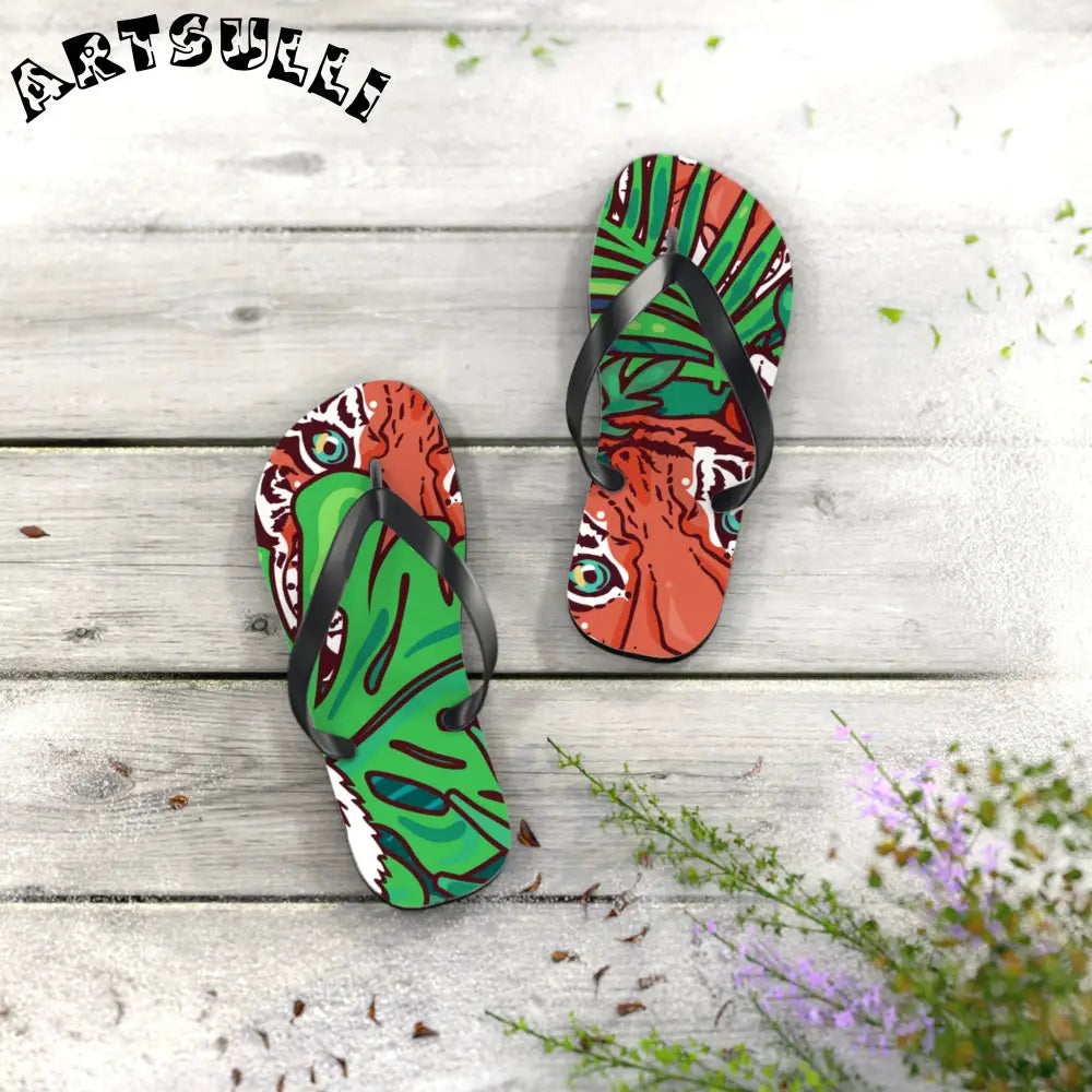 JAKKOUTTHEBXX Tropical Jungle Tigers Blue and Green Flip Flops