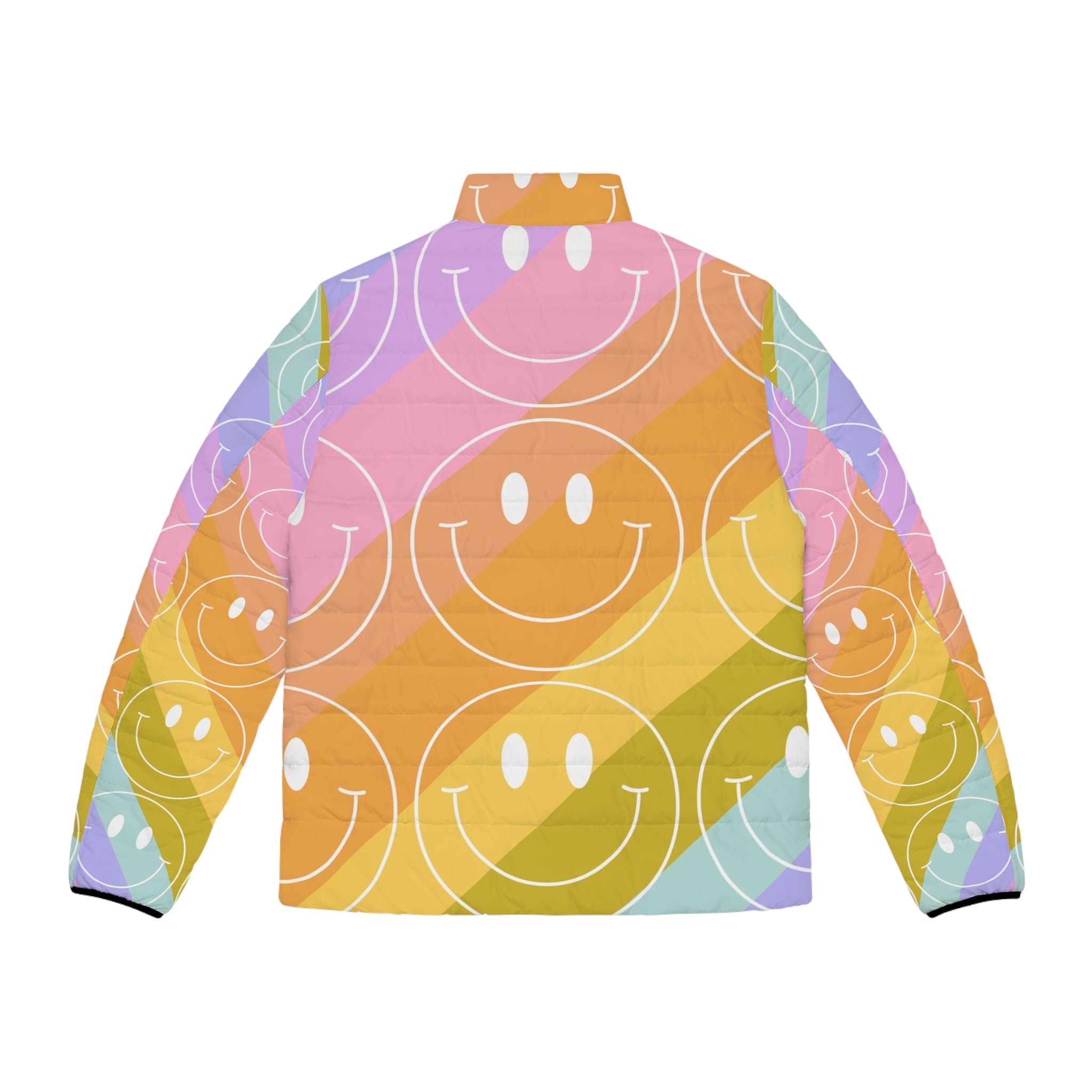 Smiley Face x Rainbow Stripes Multi-Color Men's Puffer Jacket (AOP), Artsulli - Art is Long, Life is Short, All Over Prints, , , , , , , 