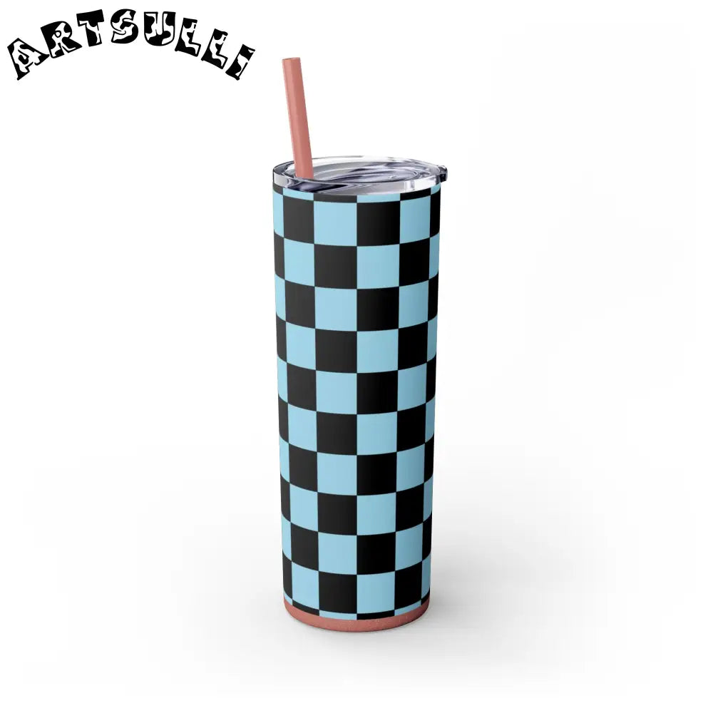 JAKKOUTTHEBXX Checkerboard Black and Blue Skinny Tumbler with Straw