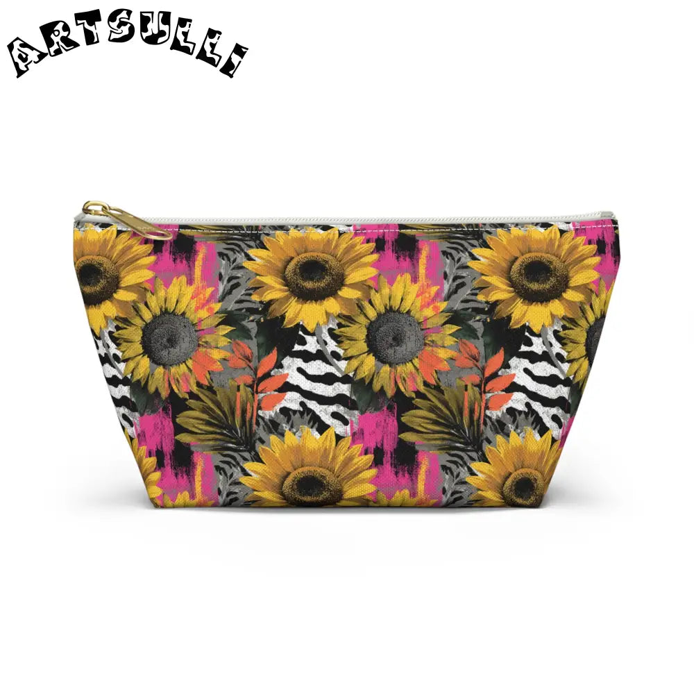 Zebra Stripes x Sunflowers II Multi-Color Accessory Pouch w T-bottom, Artsulli - Art is Long, Life is Short, Bags, Size, Small, Color, White zipper, , , 20978120055233293531