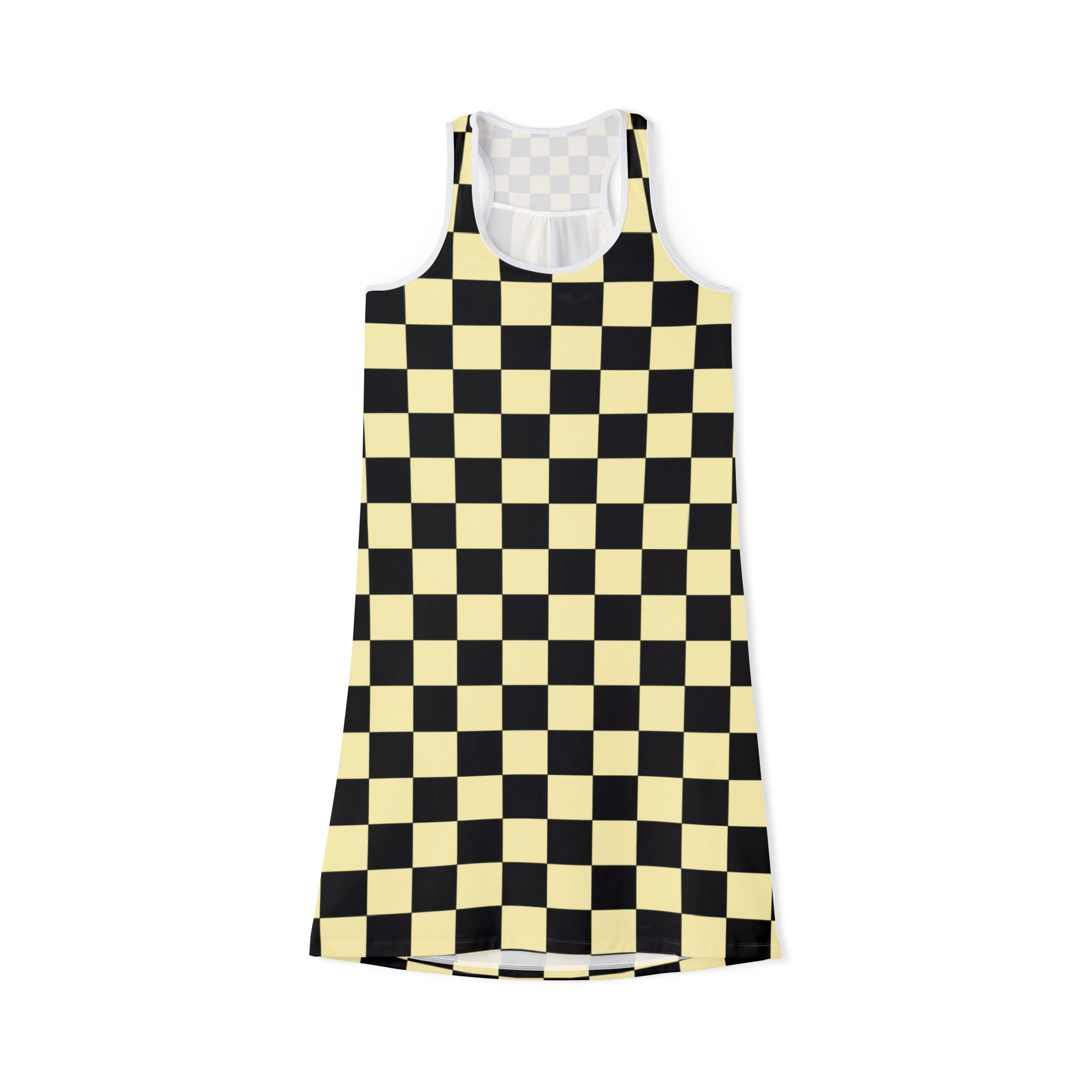 Checkerboard Black and Yellow Women's Racerback Dress (AOP), Artsulli - Art is Long, Life is Short, Tank Top, Size, XS, Color, White, , , 30206691936904576834