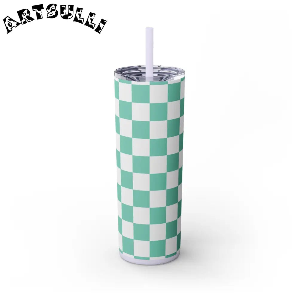 JAKKOUTTHEBXX Checkerboard Light Green Skinny Tumbler with Straw
