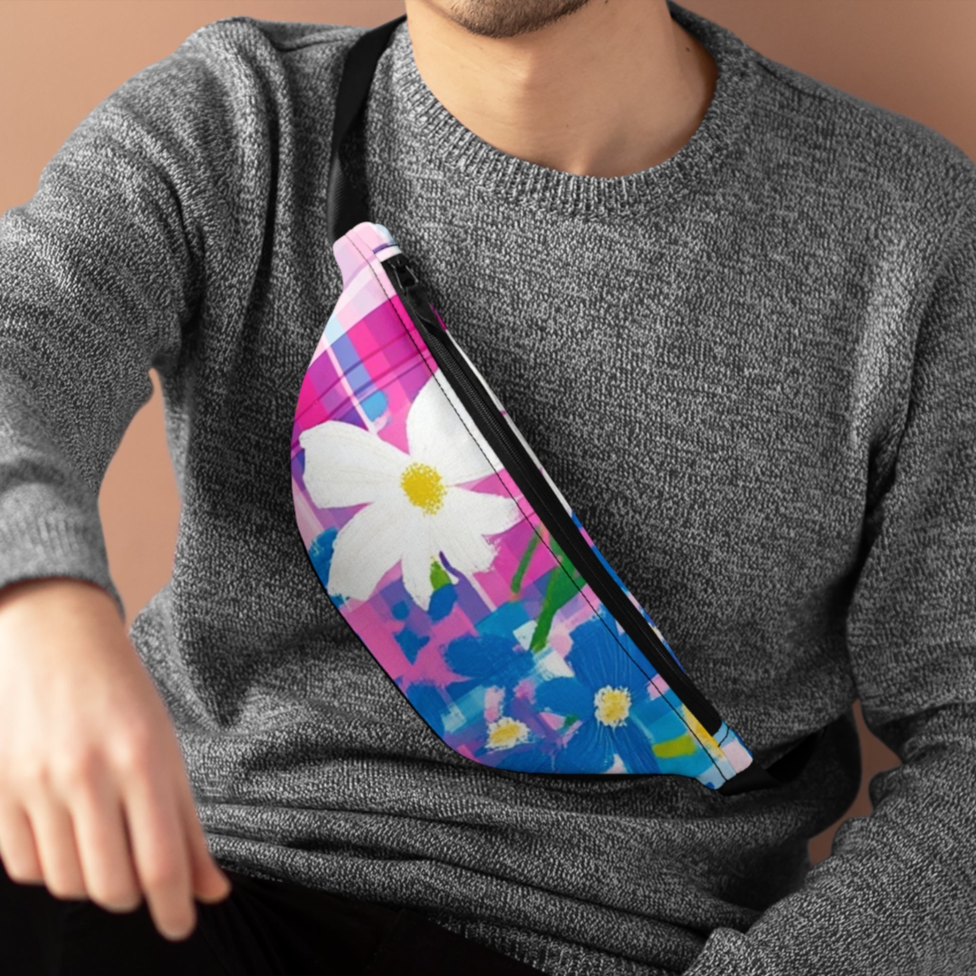 Plaid Garden Purple and Blue Fanny Pack, Artsulli - Art is Long, Life is Short, Bags, , , , , , , 
