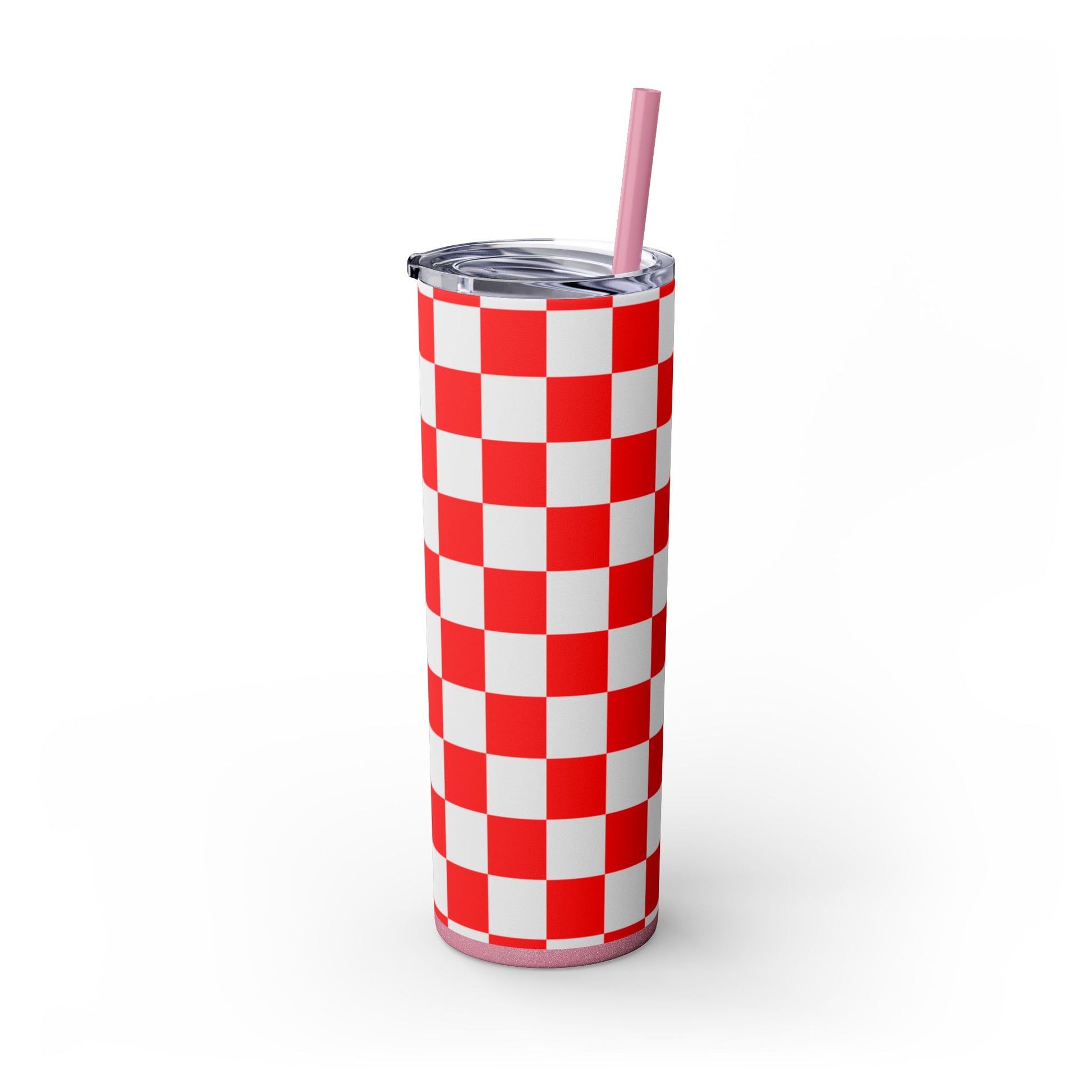 Checkerboard Red and White Skinny Tumbler with Straw, 20oz, Artsulli - Art is Long, Life is Short, Mug, , , , , , , 