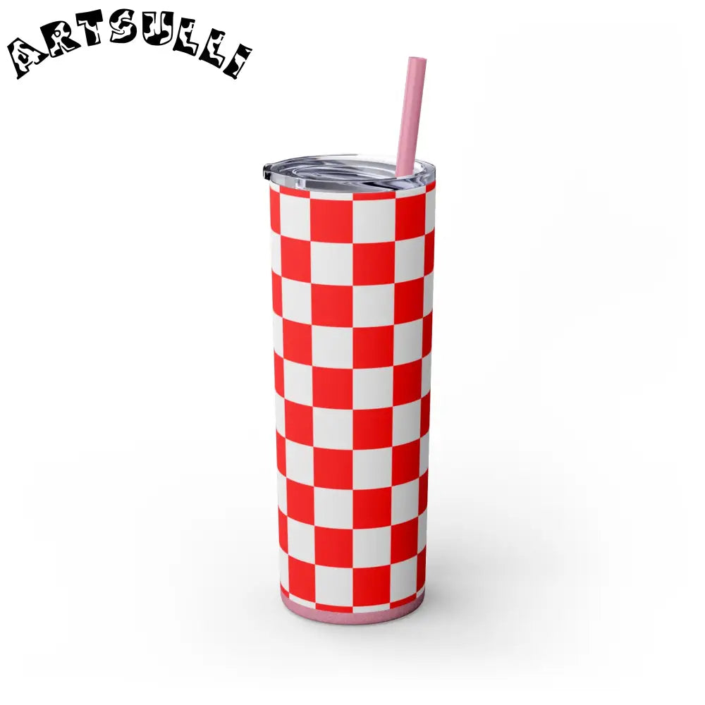 JAKKOUTTHEBXX Checkerboard Red and White Skinny Tumbler with Straw