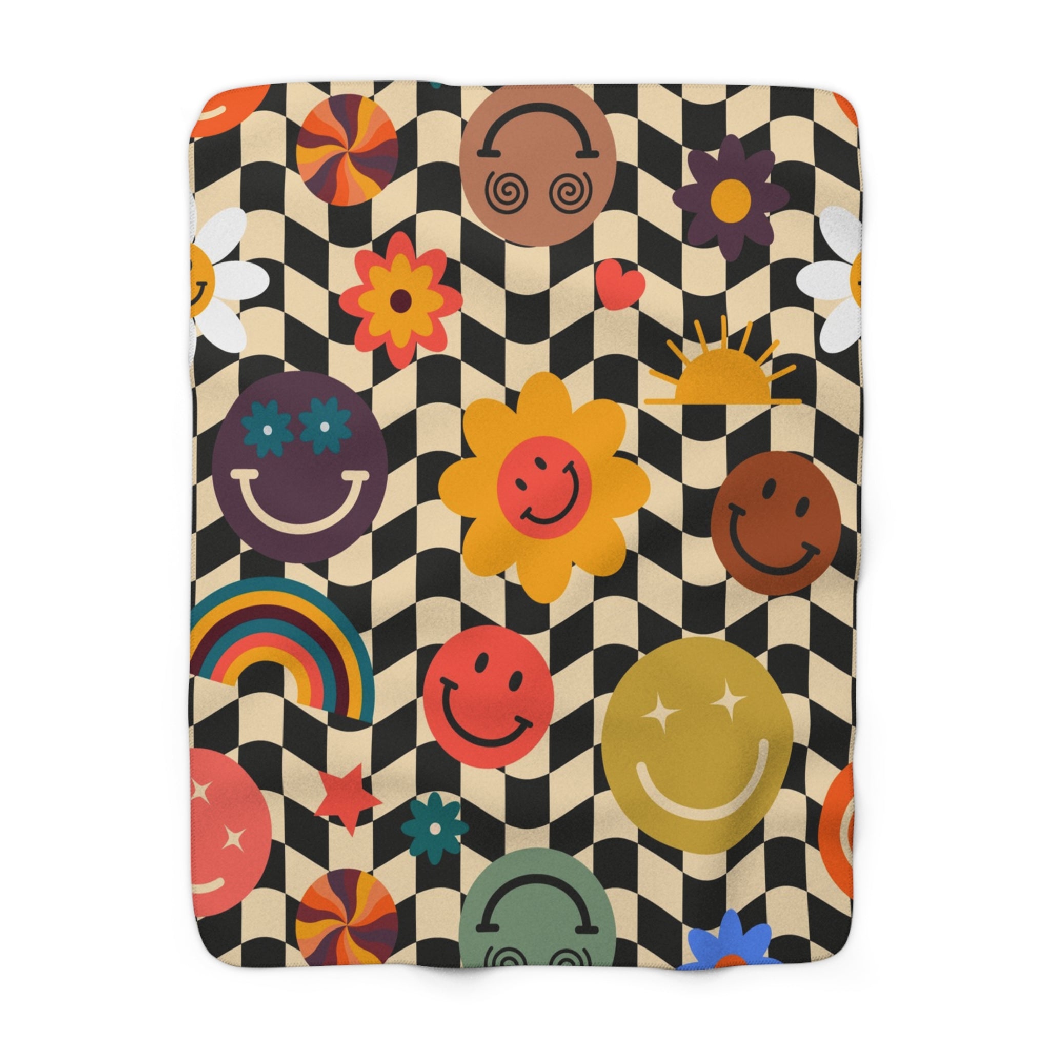 Trippy x Wavy Checkerboard x Smiley Face x Rainbow x Flowers Multi-Color Sherpa Fleece Blanket, Artsulli - Art is Long, Life is Short, Home Decor, Size, 50" × 60", , , , , 27902173913518238026