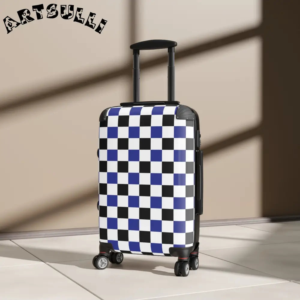JAKKOUTTHEBXX Checkerboard Blue White and Black Suitcase