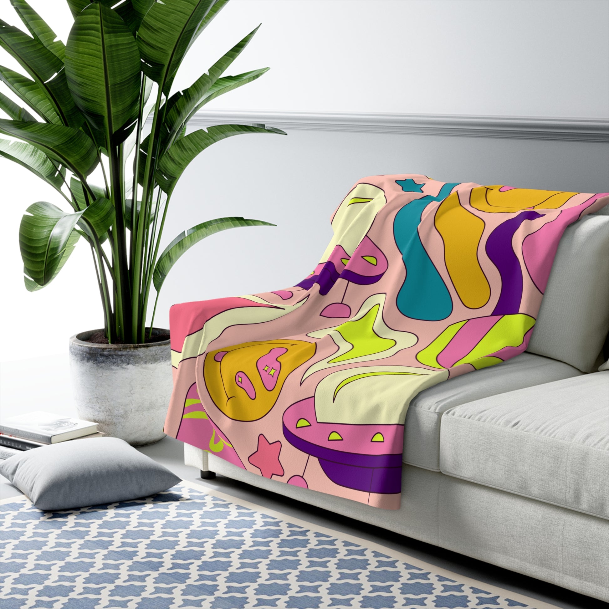 Trippy Spaceships Pink Sherpa Fleece Blanket, Artsulli - Art is Long, Life is Short, Home Decor, , , , , , , 