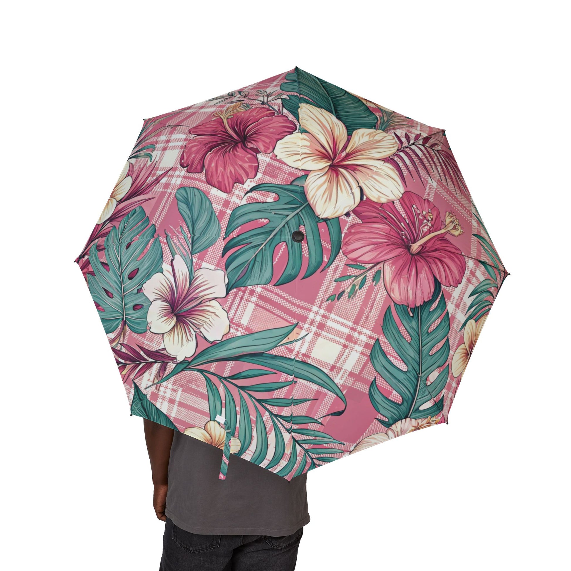 Plaid x Floral Burgundy and Green Semi-Automatic Foldable Umbrella, Artsulli - Art is Long, Life is Short, Accessories, , , , , , , 