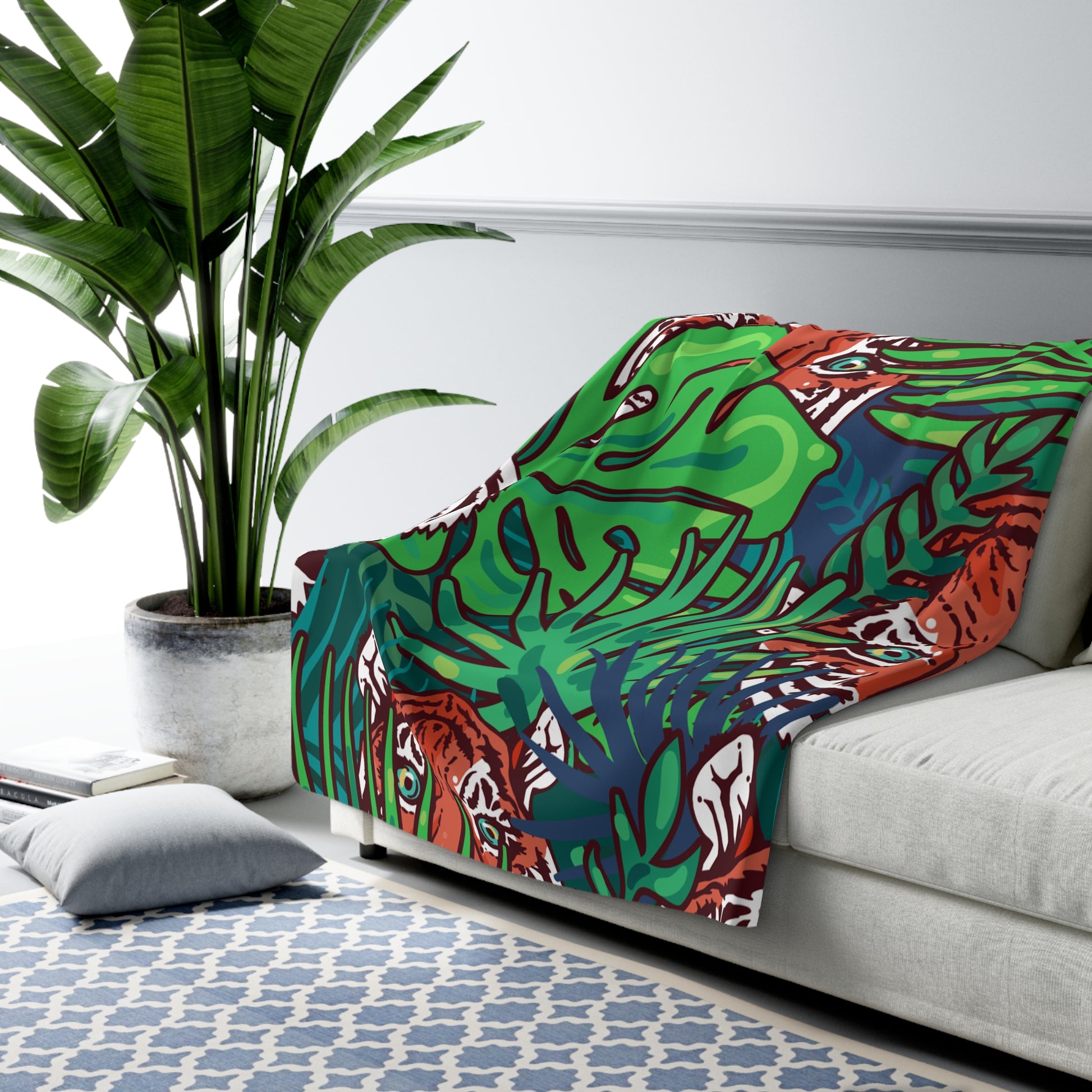 Tropical Jungle Tigers Blue and Green Sherpa Fleece Blanket, Artsulli - Art is Long, Life is Short, Home Decor, , , , , , , 