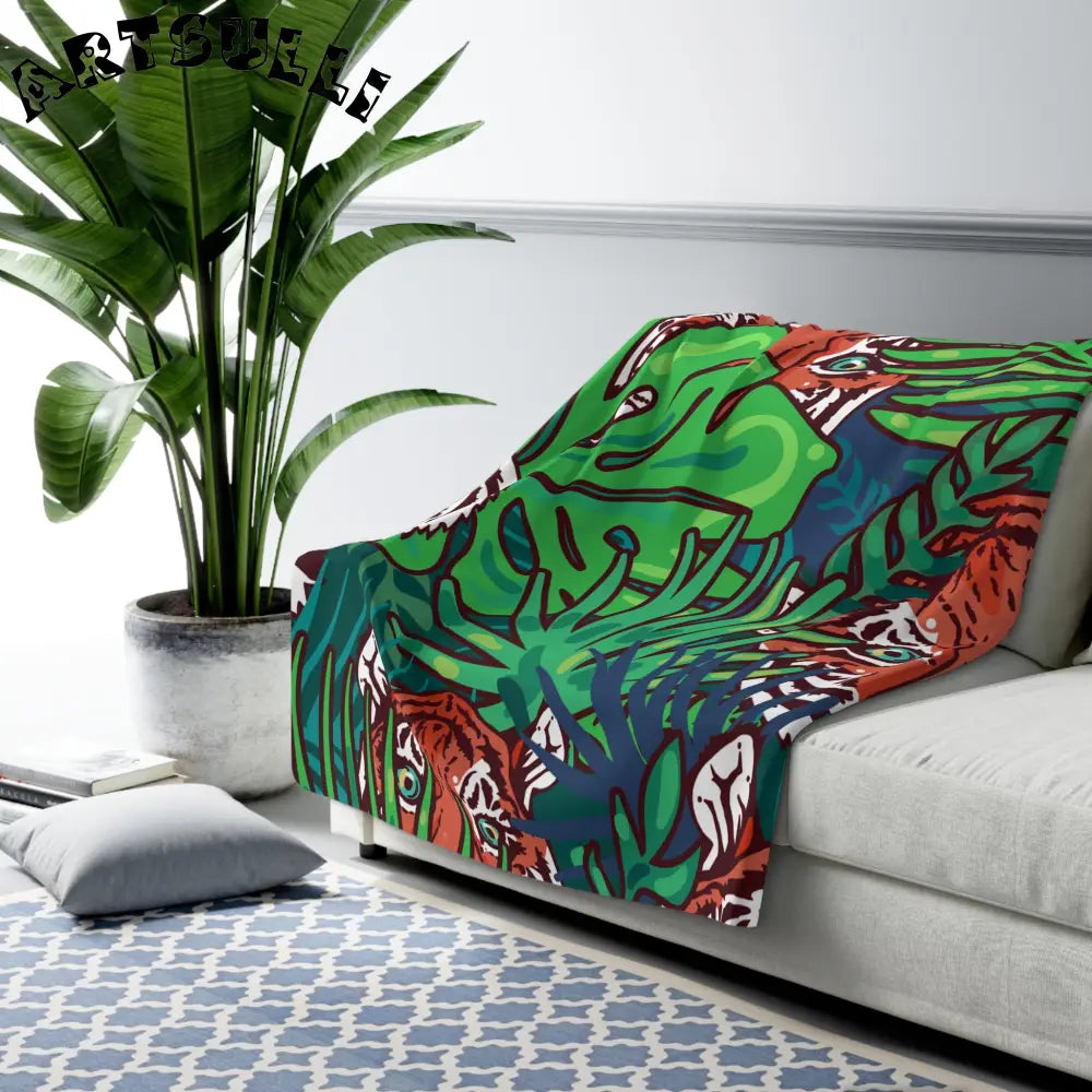 JAKKOUTTHEBXX Tropical Jungle Tigers Blue and Green Sherpa Fleece