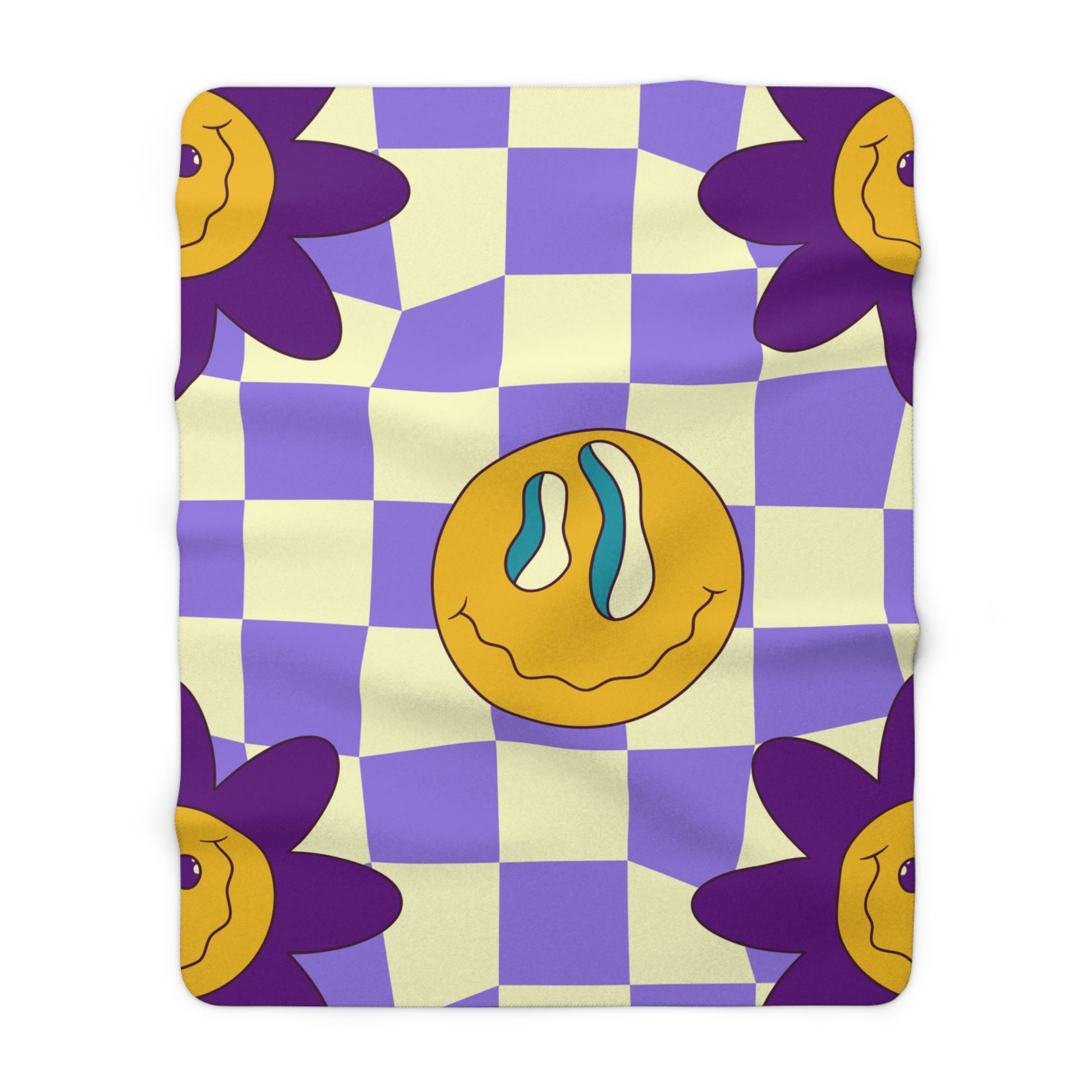 Trippy Flower Power Motifs Purple Sherpa Fleece Blanket, Artsulli - Art is Long, Life is Short, Home Decor, Size, 60" × 80", , , , , 13740975124779