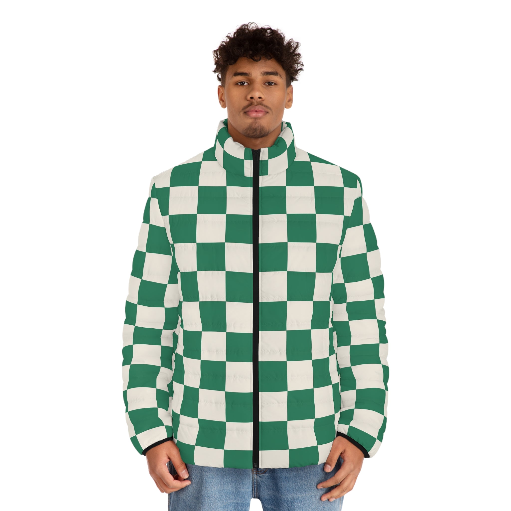 Checkerboard Dark Green Men's Puffer Jacket (AOP), Artsulli - Art is Long, Life is Short, All Over Prints, , , , , , , 