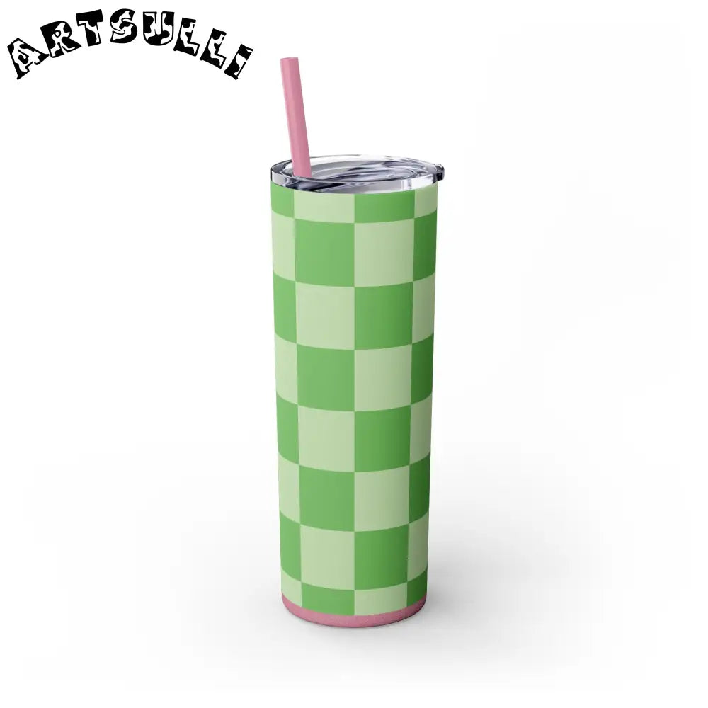 JAKKOUTTHEBXX Checkerboard Green Skinny Tumbler with Straw 20oz