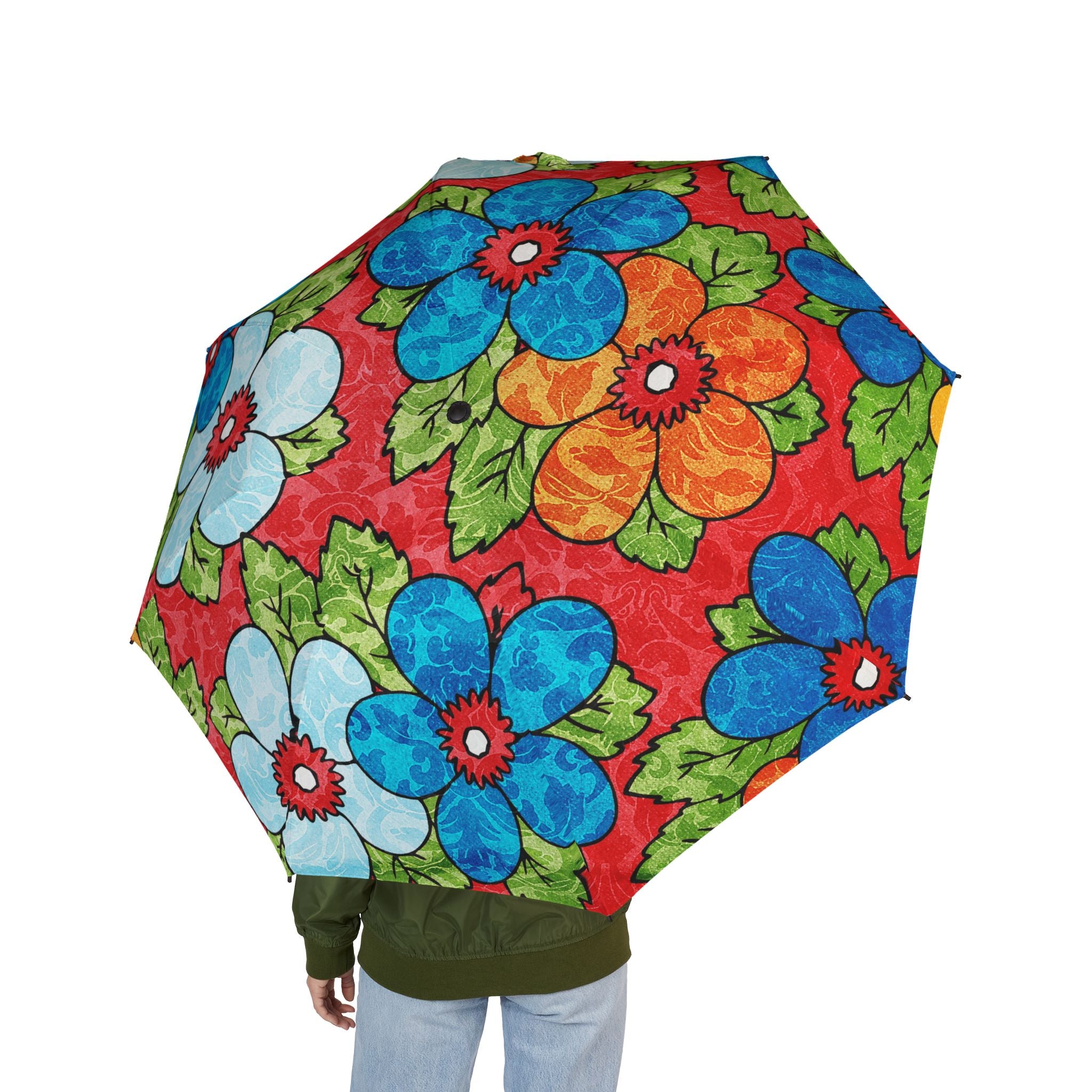 Groovy Red Floral Kl II Semi-Automatic Foldable Umbrella, Artsulli - Art is Long, Life is Short, Accessories, , , , , , , 