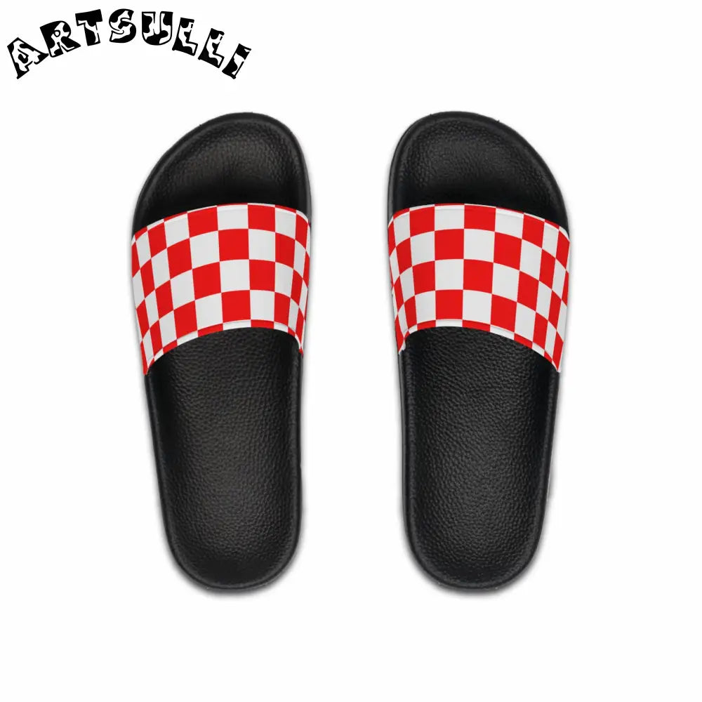 JAKKOUTTHEBXX Checkerboard Red and White Men’s Slide Sandals