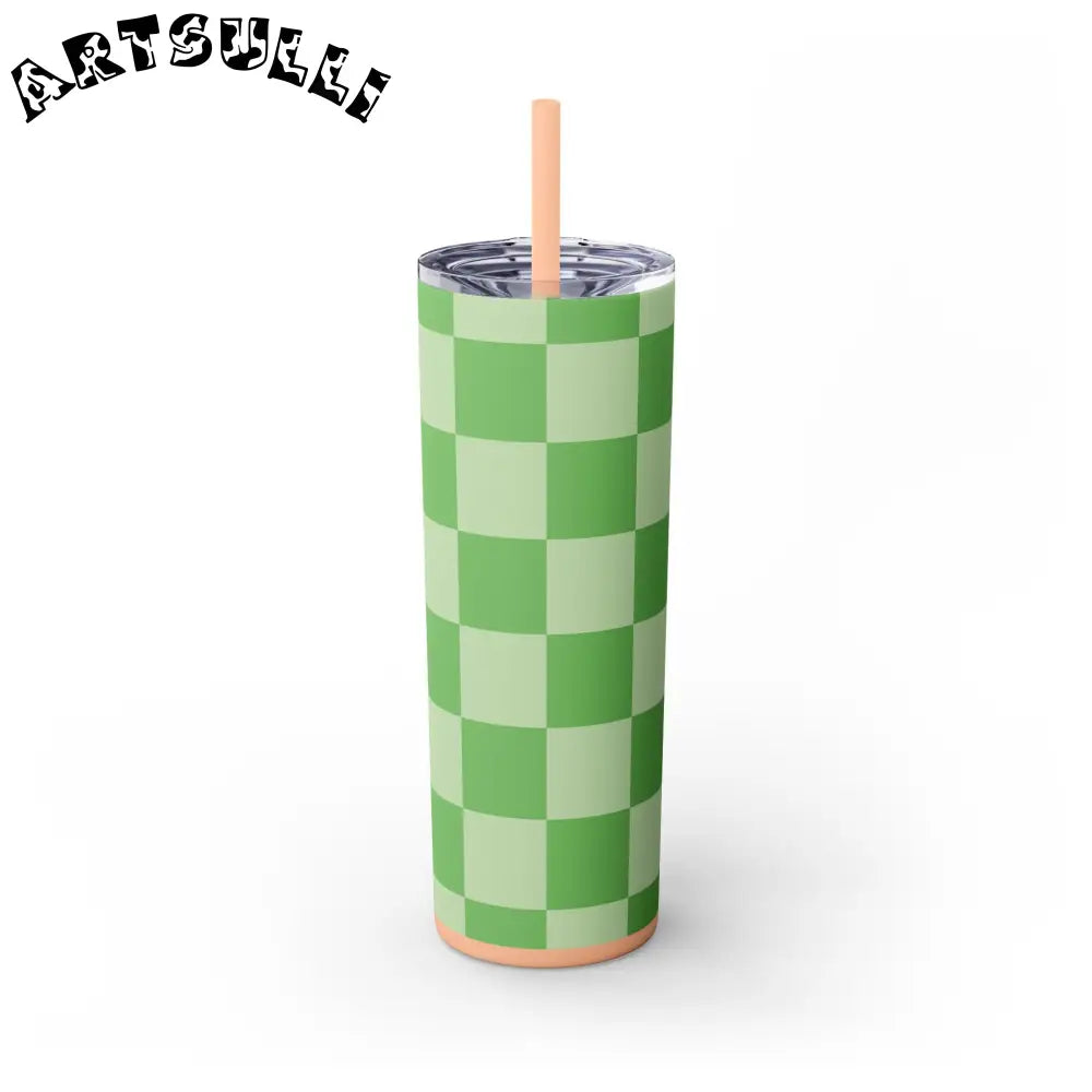 JAKKOUTTHEBXX Checkerboard Green Skinny Tumbler with Straw 20oz