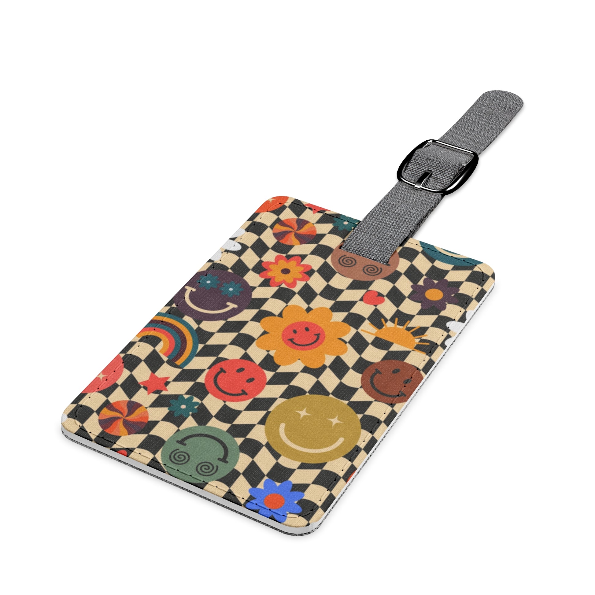 Trippy x Wavy Checkerboard x Smiley Face x Rainbow x Flowers Multi-Color Saffiano Polyester Luggage Tag, Rectangle, Artsulli - Art is Long, Life is Short, Accessories, , , , , , , 