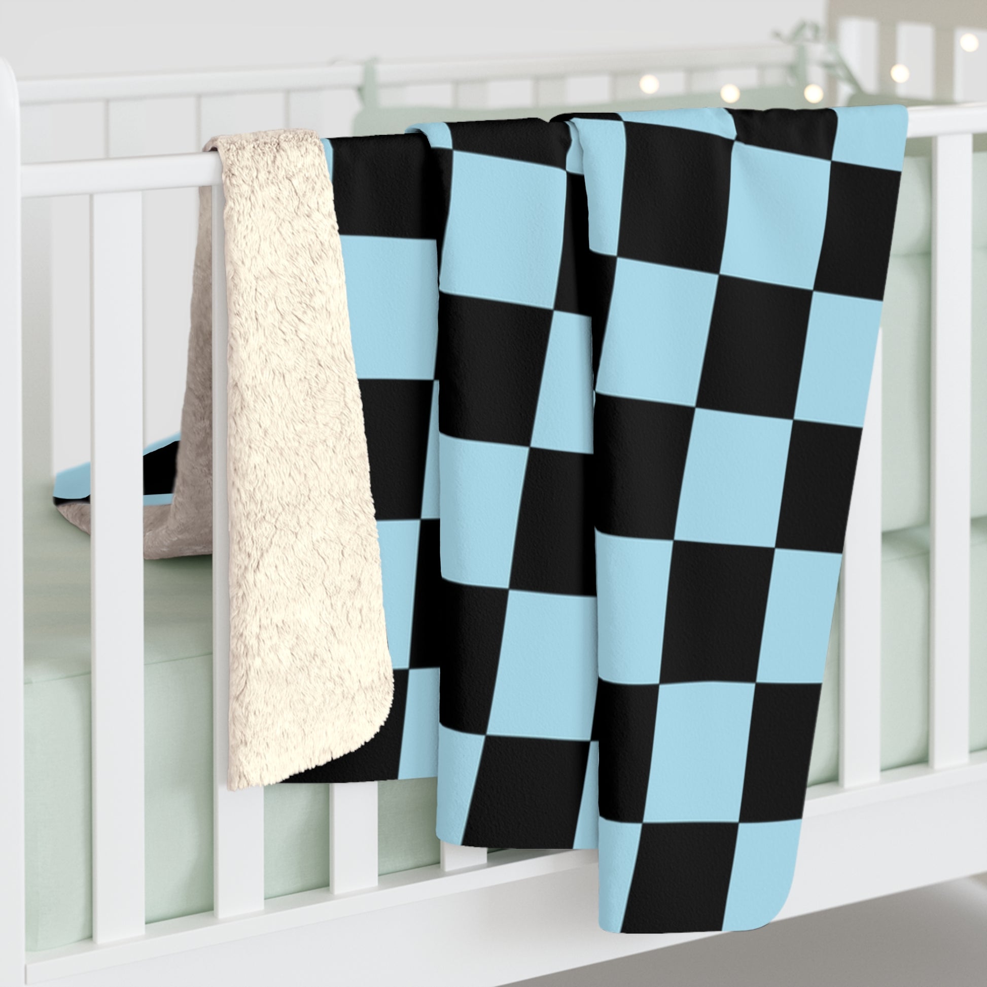 Checkerboard Black and Blue Sherpa Fleece Blanket, Artsulli - Art is Long, Life is Short, Home Decor, , , , , , , 