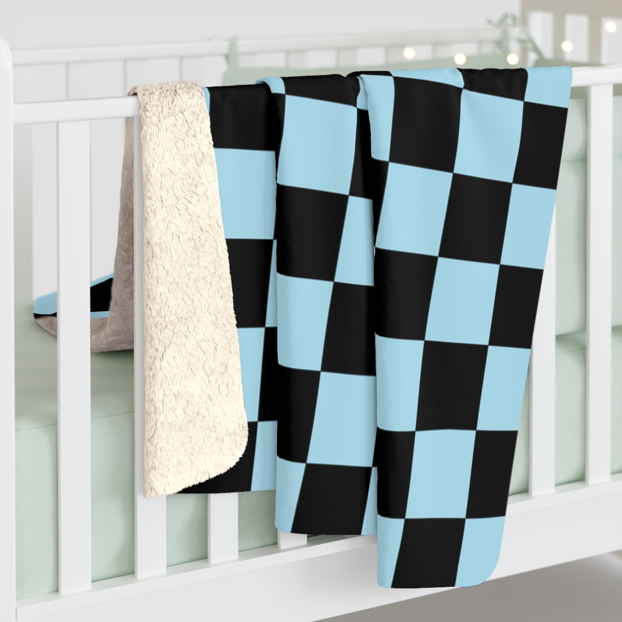 Checkerboard Black and Blue Sherpa Fleece Blanket, Artsulli - Art is Long, Life is Short, Home Decor, , , , , , , 