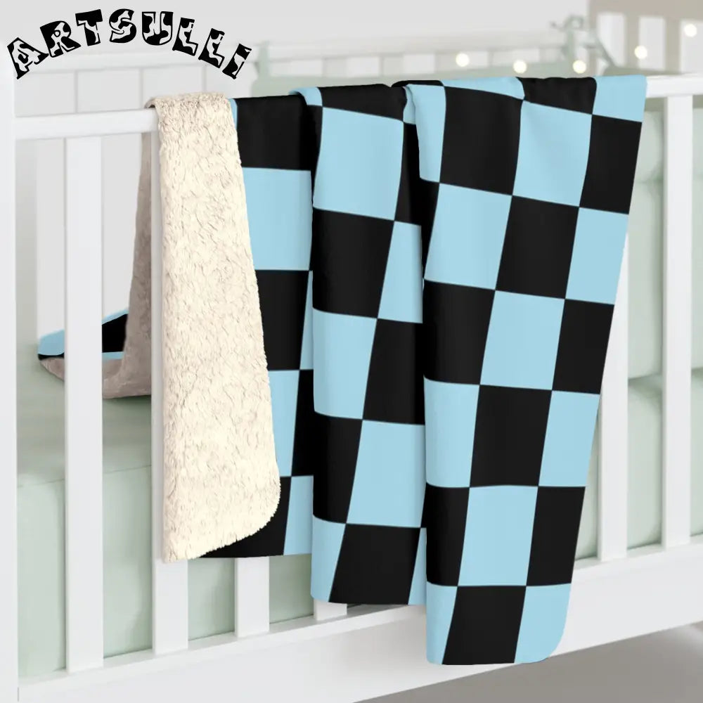 JAKKOUTTHEBXX Checkerboard Black and Blue Sherpa Fleece Blanket