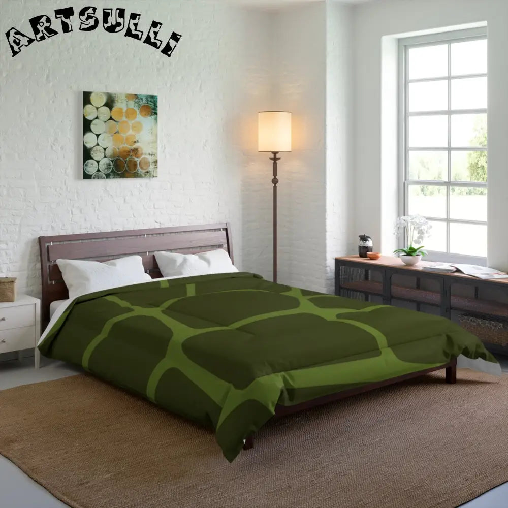 JAKKOUTTHEBXX Dark Green Comforter with Light Green Geometric Design 2025