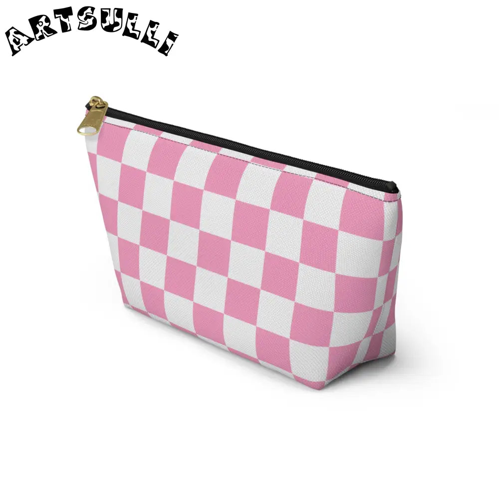 JAKKOUTTHEBXX Checkerboard Hot Pink and White Accessory Pouch w