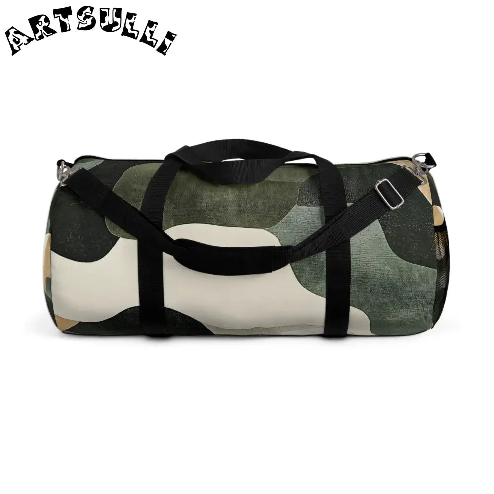 JAKKOUTTHEBXX Camouflage Patterned Duffel Bag with Black Straps