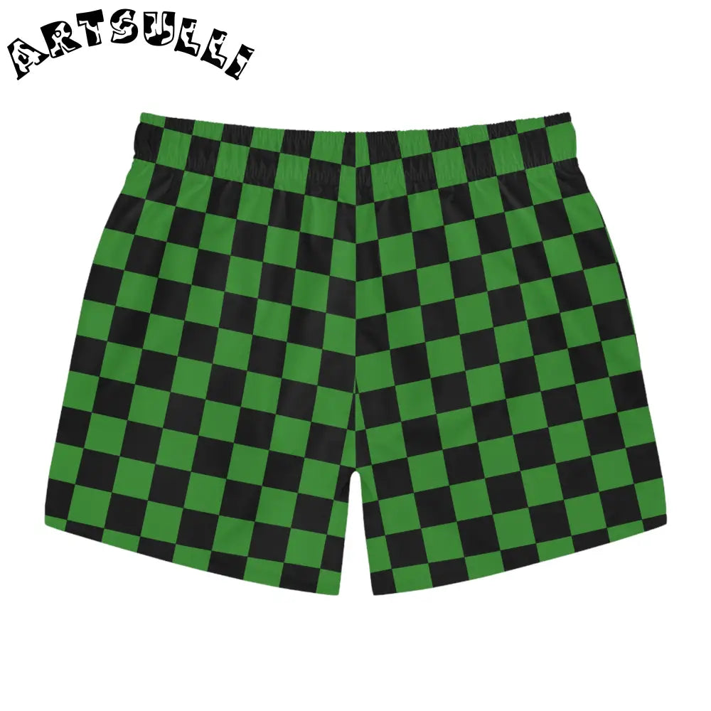 JAKKOUTTHEBXX Checkerboard Green and Black Swim Trunks (AOP)